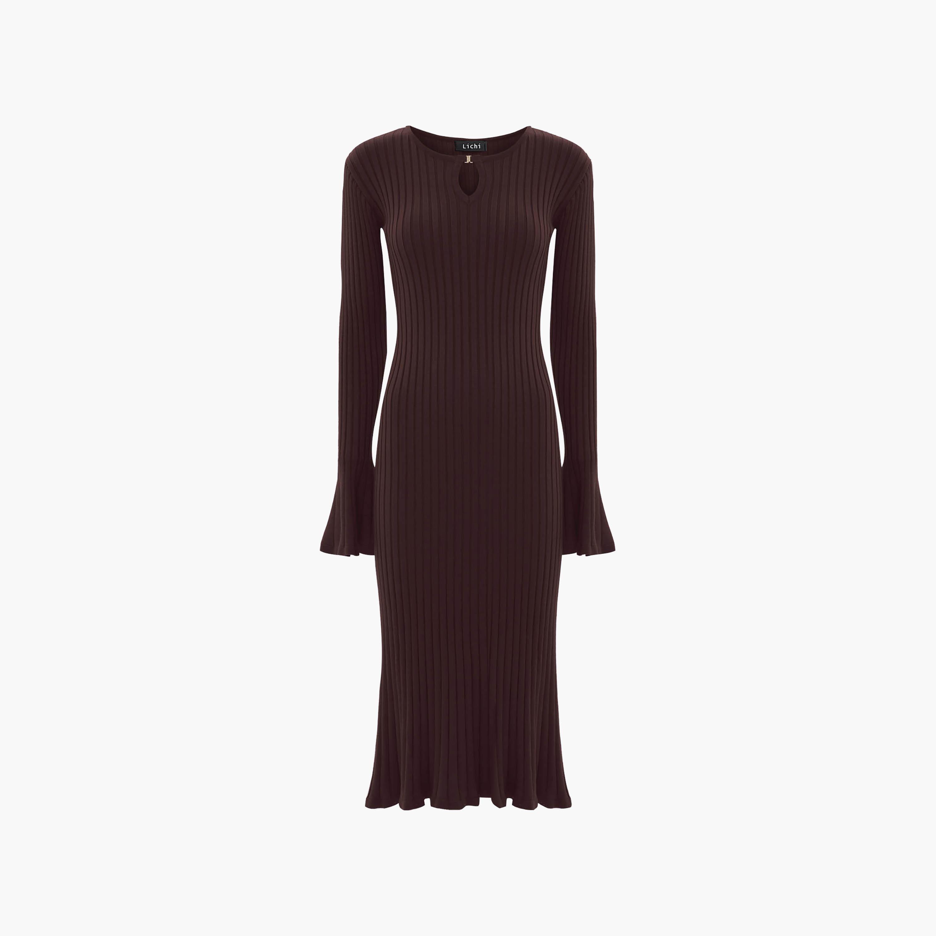 Lichi Brown Ribbed Jersey Keyhole Neck Flared Sleeves Sheath Women's Midi Dress-women-clothing-dresses-image-5
