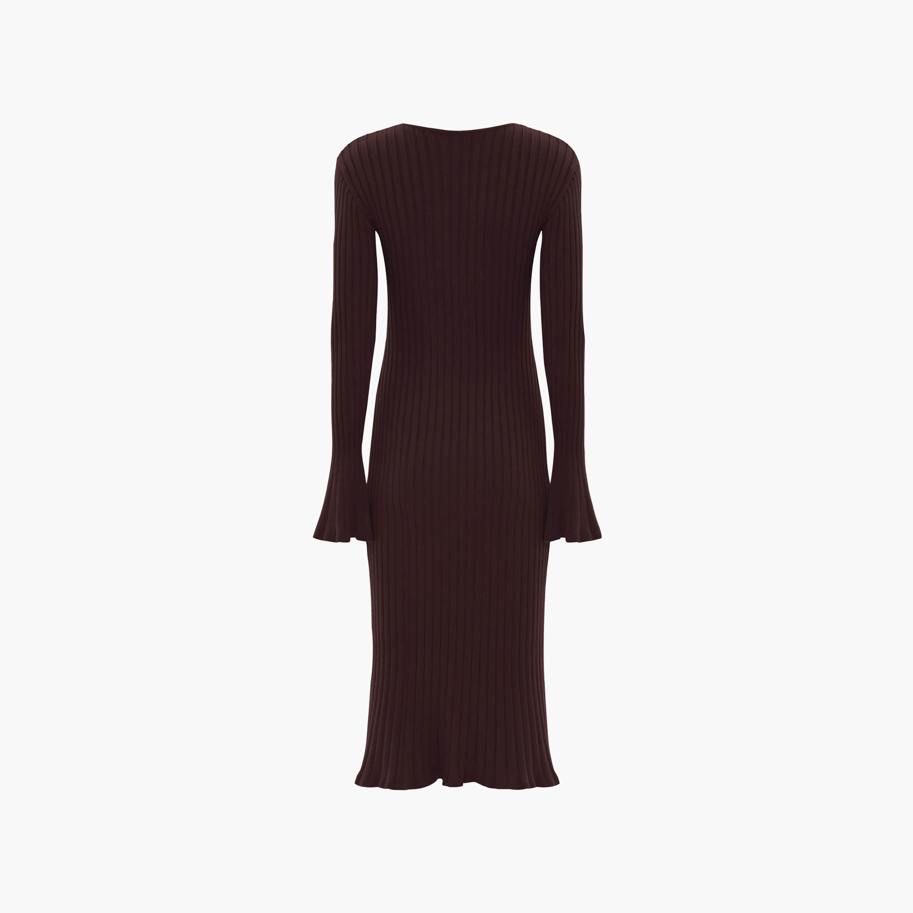 Lichi Brown Ribbed Jersey Keyhole Neck Flared Sleeves Sheath Women's Midi Dress-women-clothing-dresses-image-6