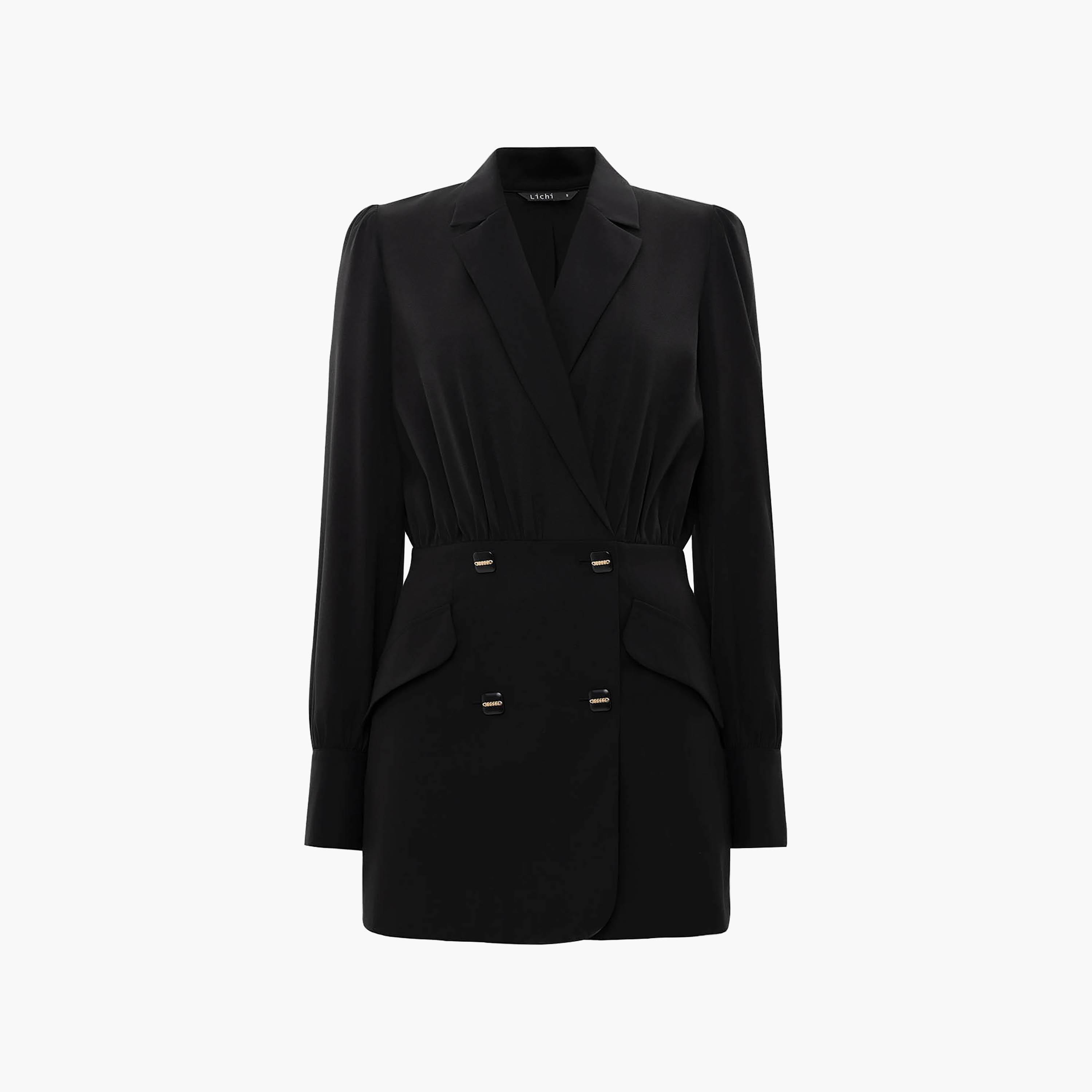 فستان ميني بقصة بلازر وبياقة مطوية للنساء باللون الأسود من ليتشي-women-clothing-dresses-image-5