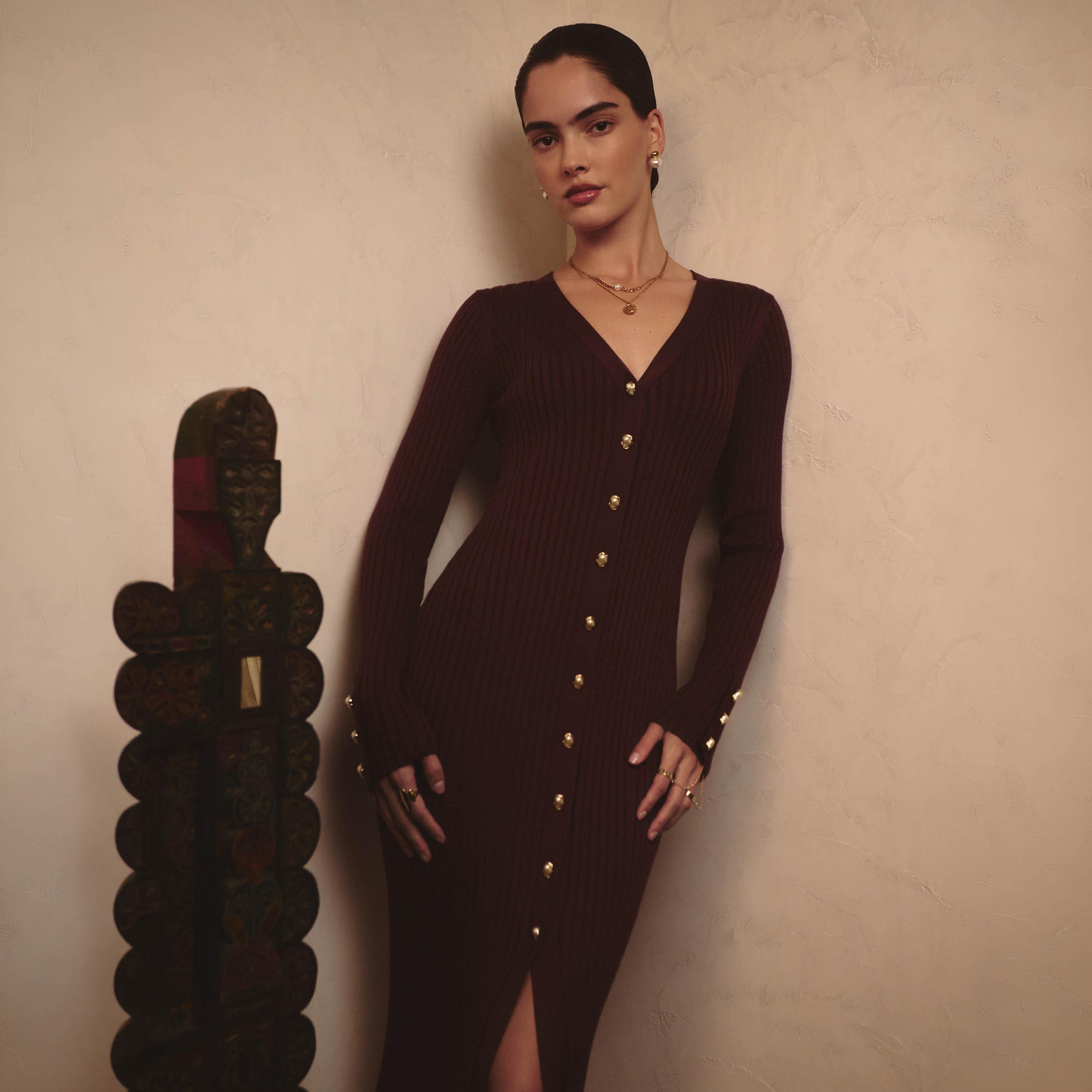 Lichi Brown Ribbed Jersey Column Women's Midi Dress-women-clothing-dresses-image-1