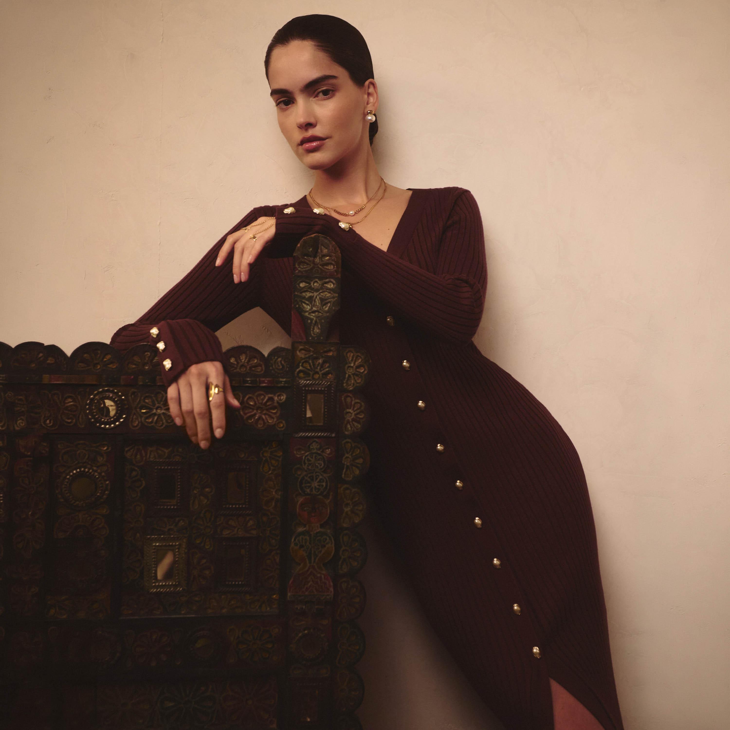 Lichi Brown Ribbed Jersey Column Women's Midi Dress-women-clothing-dresses-image-3