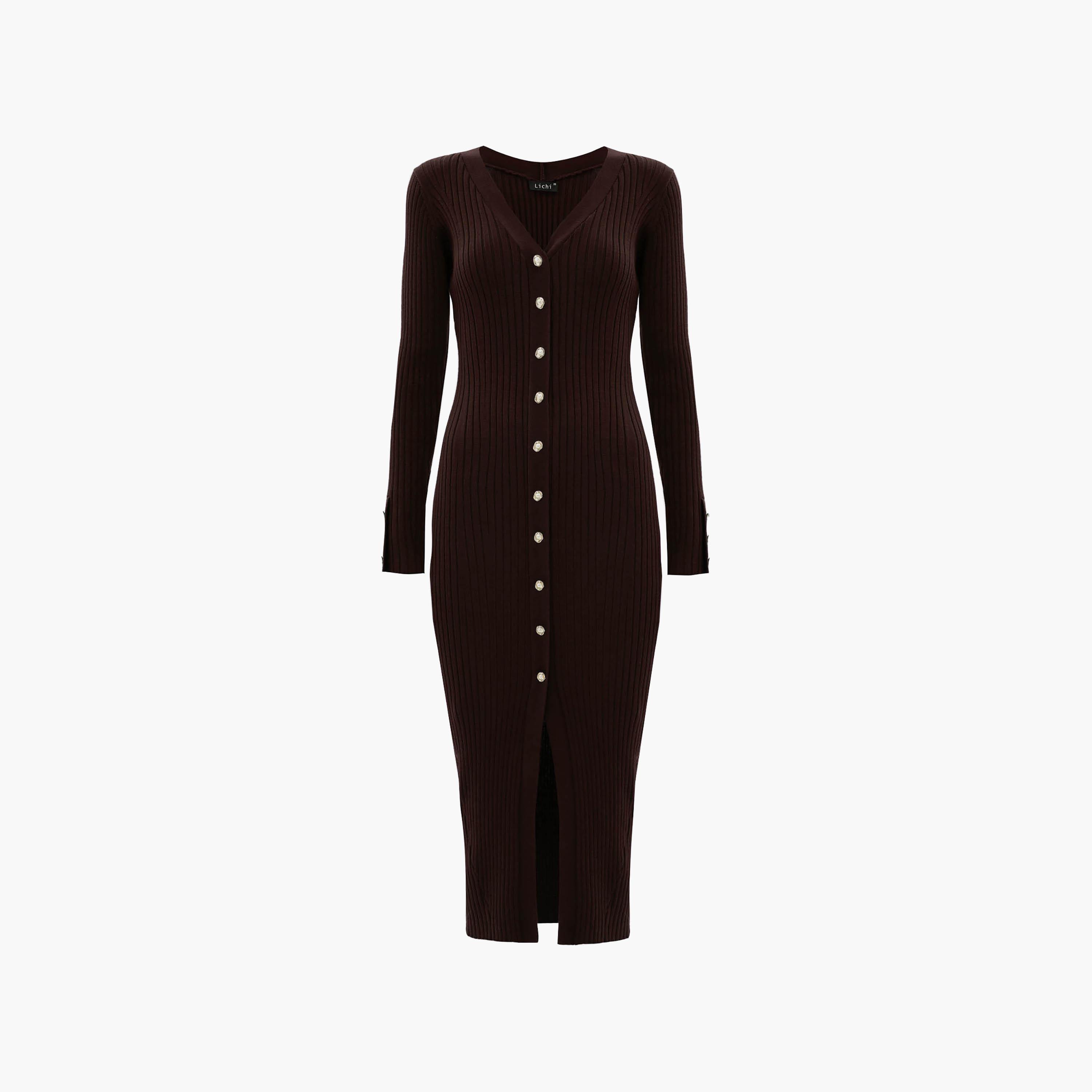 Lichi Brown Ribbed Jersey Column Women's Midi Dress-women-clothing-dresses-image-5