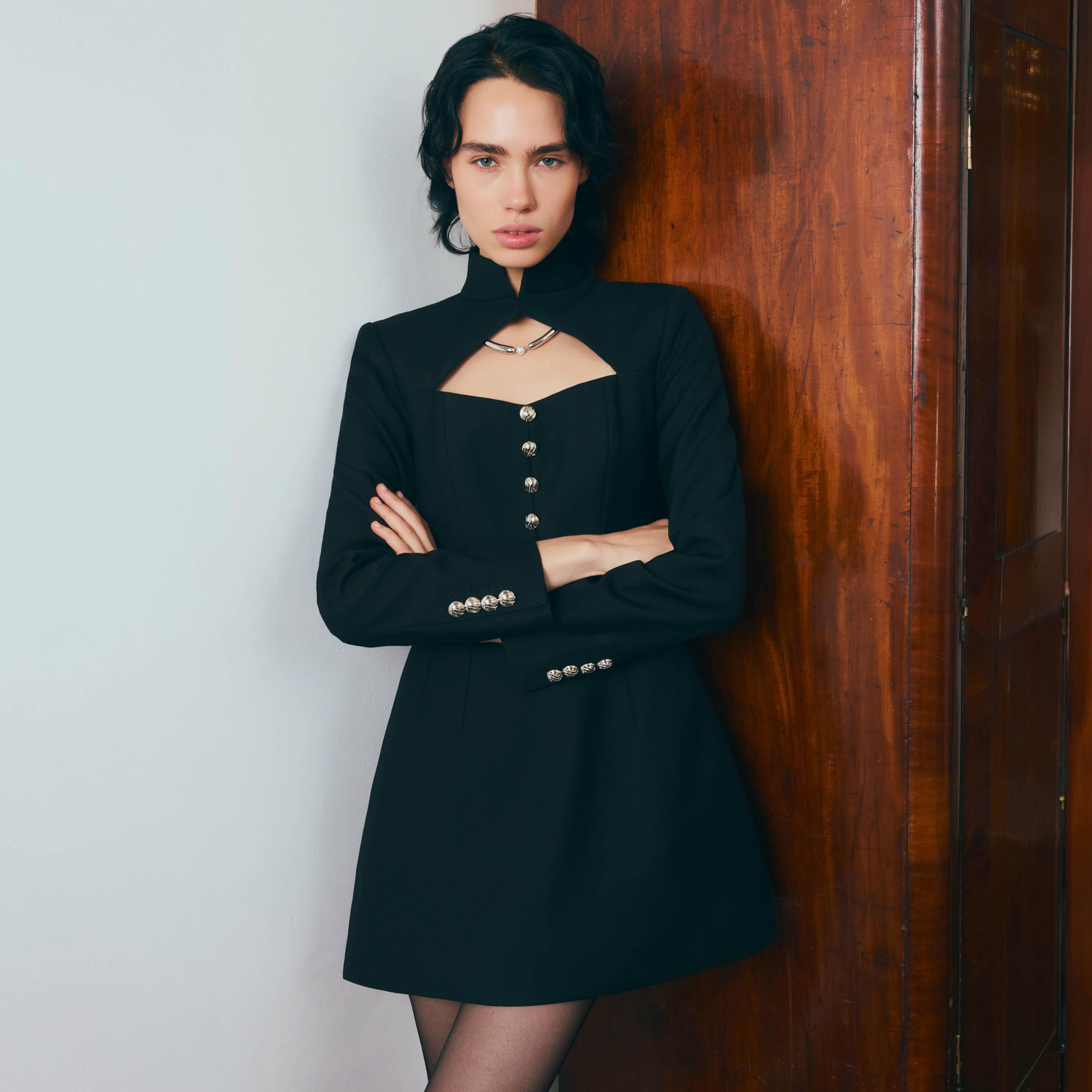Lichi Black Mandarin Collar Women's Mini Dress-women-clothing-dresses-image-1