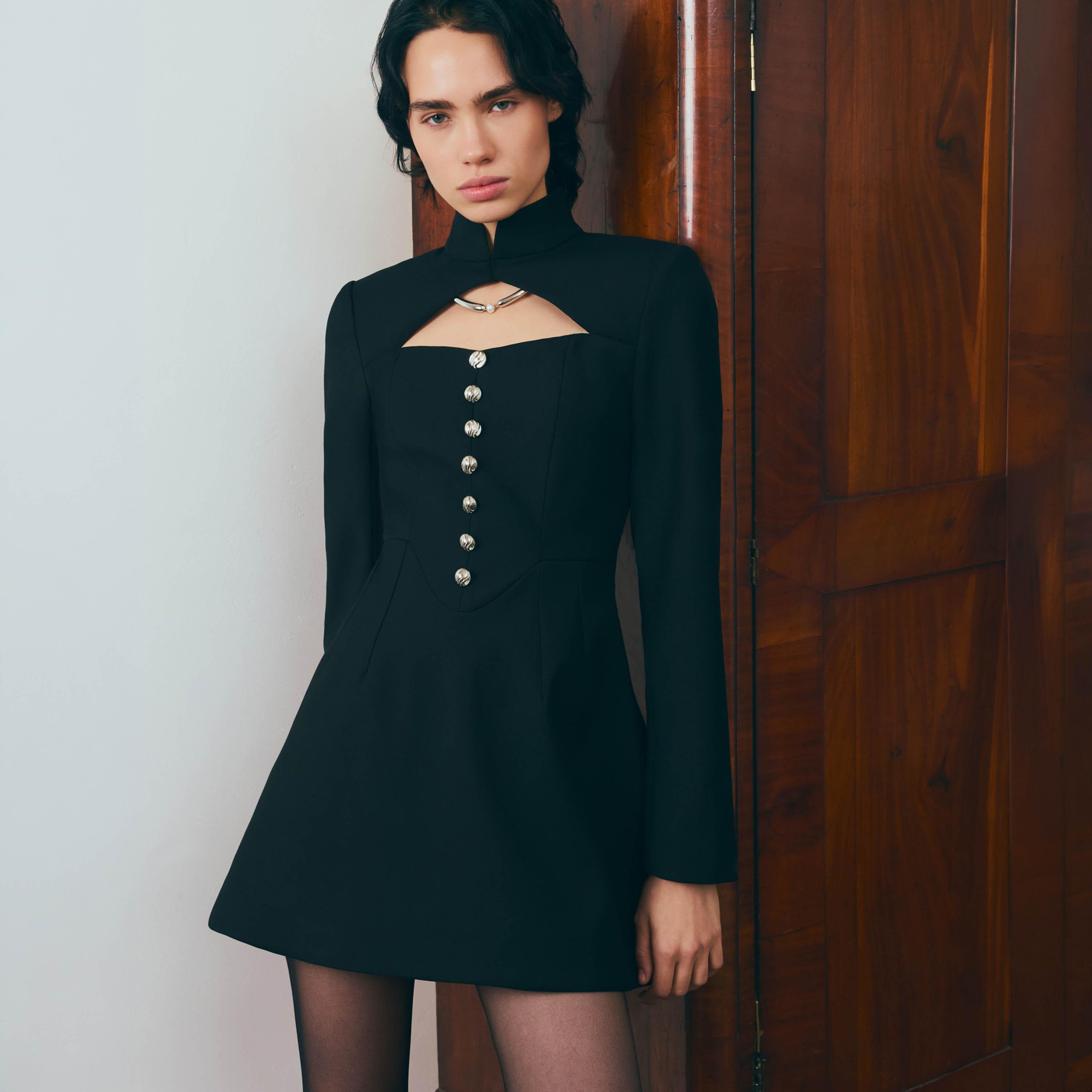 Lichi Black Mandarin Collar Women's Mini Dress-women-clothing-dresses-image-3