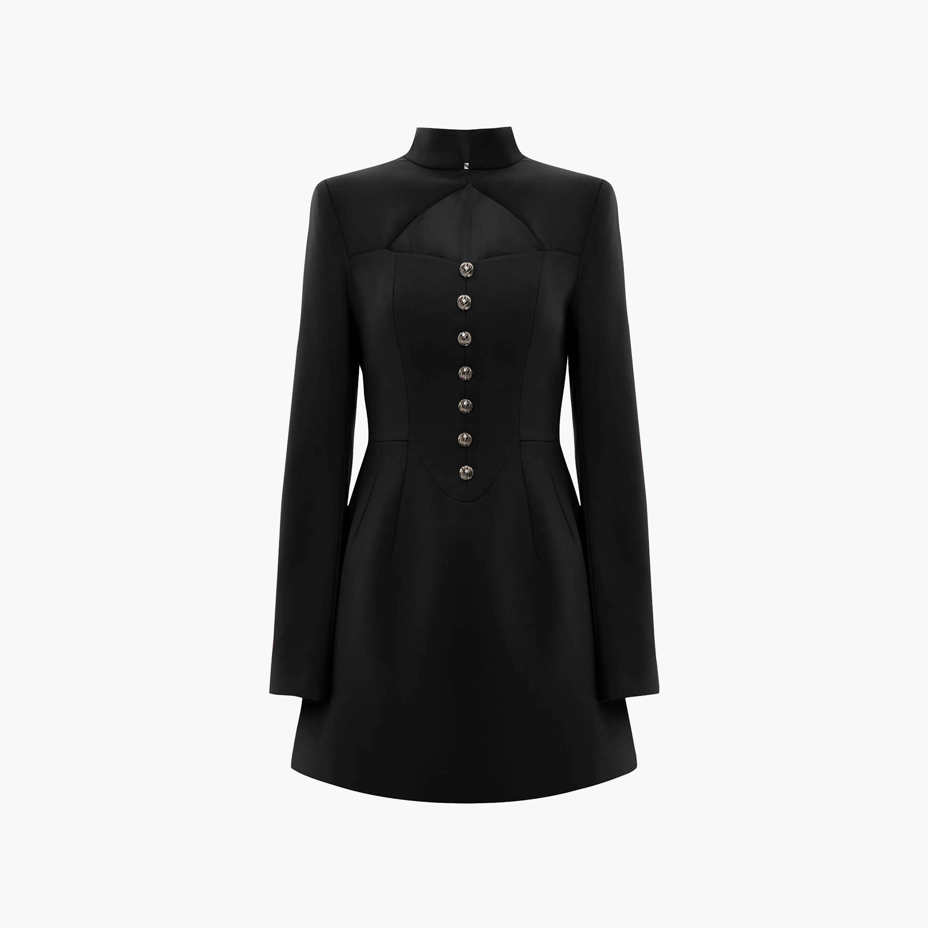 Lichi Black Mandarin Collar Women's Mini Dress-women-clothing-dresses-image-4