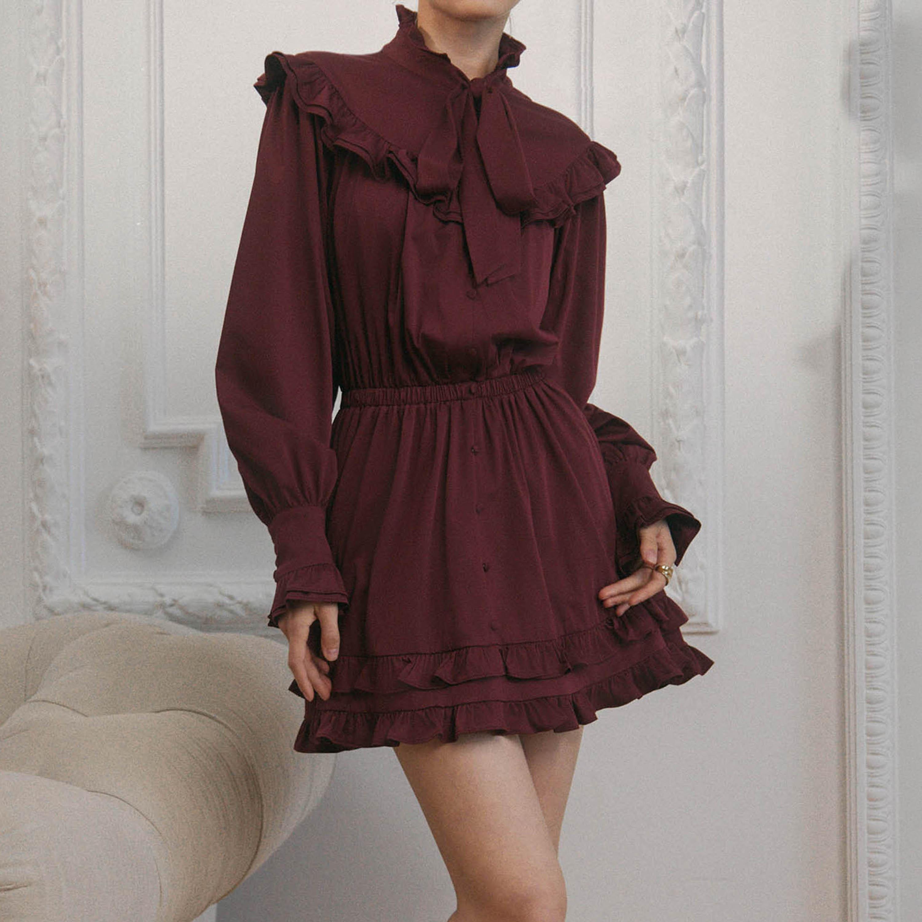 Lichi Ruffled Tie-Up Neck Bishop Sleeves Women's Mini Dress-women-clothing-dresses-image-3