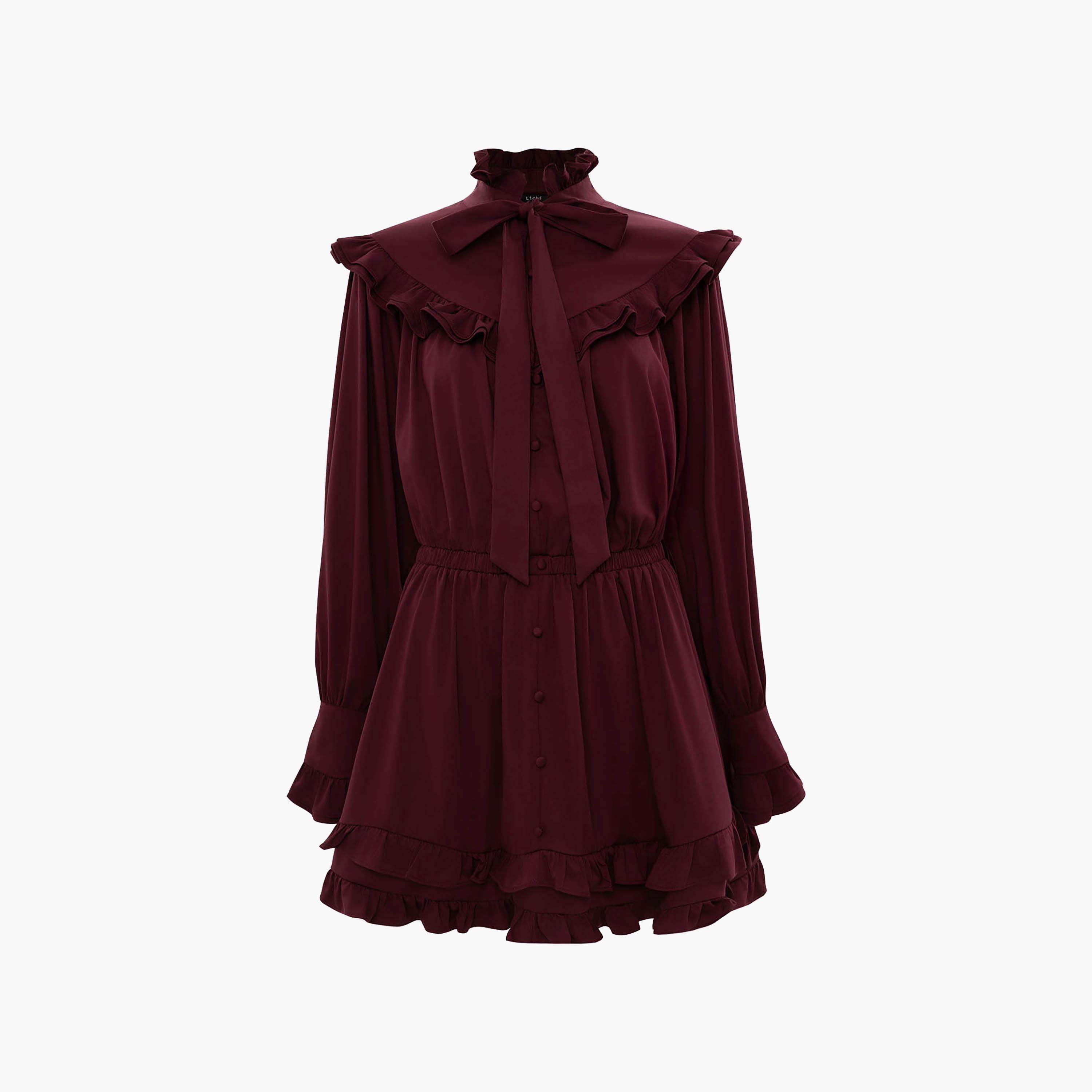 Lichi Ruffled Tie-Up Neck Bishop Sleeves Women's Mini Dress-women-clothing-dresses-image-5