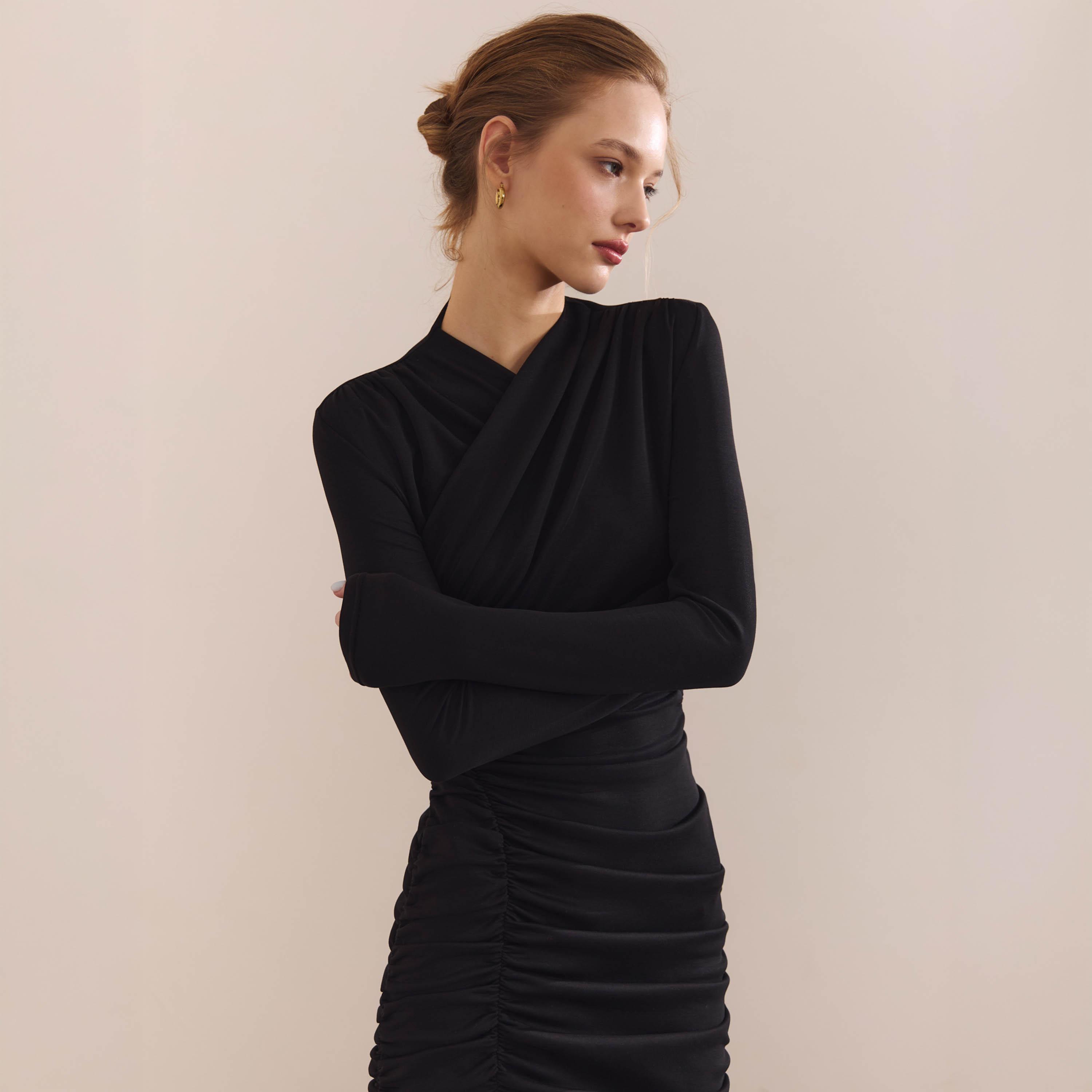 Lichi Black Ruched Jersey Mock Neck Column Women's Midi Evening Dress-women-clothing-dresses-image-3