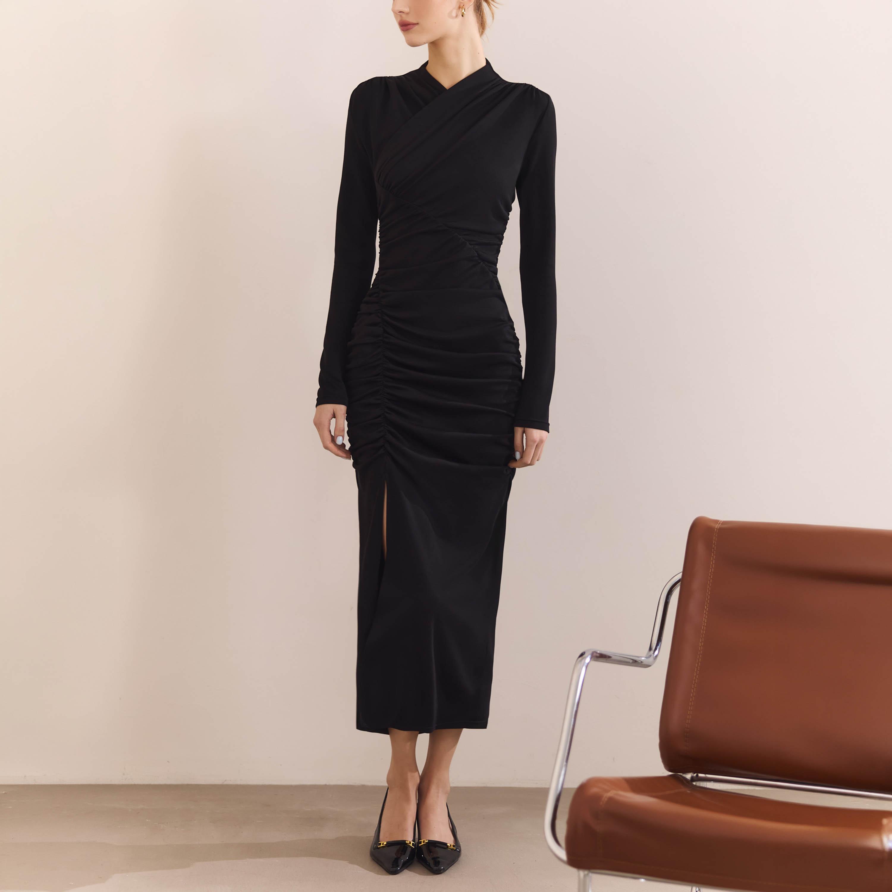 Lichi Black Ruched Jersey Mock Neck Column Women's Midi Evening Dress-women-clothing-dresses-image-4