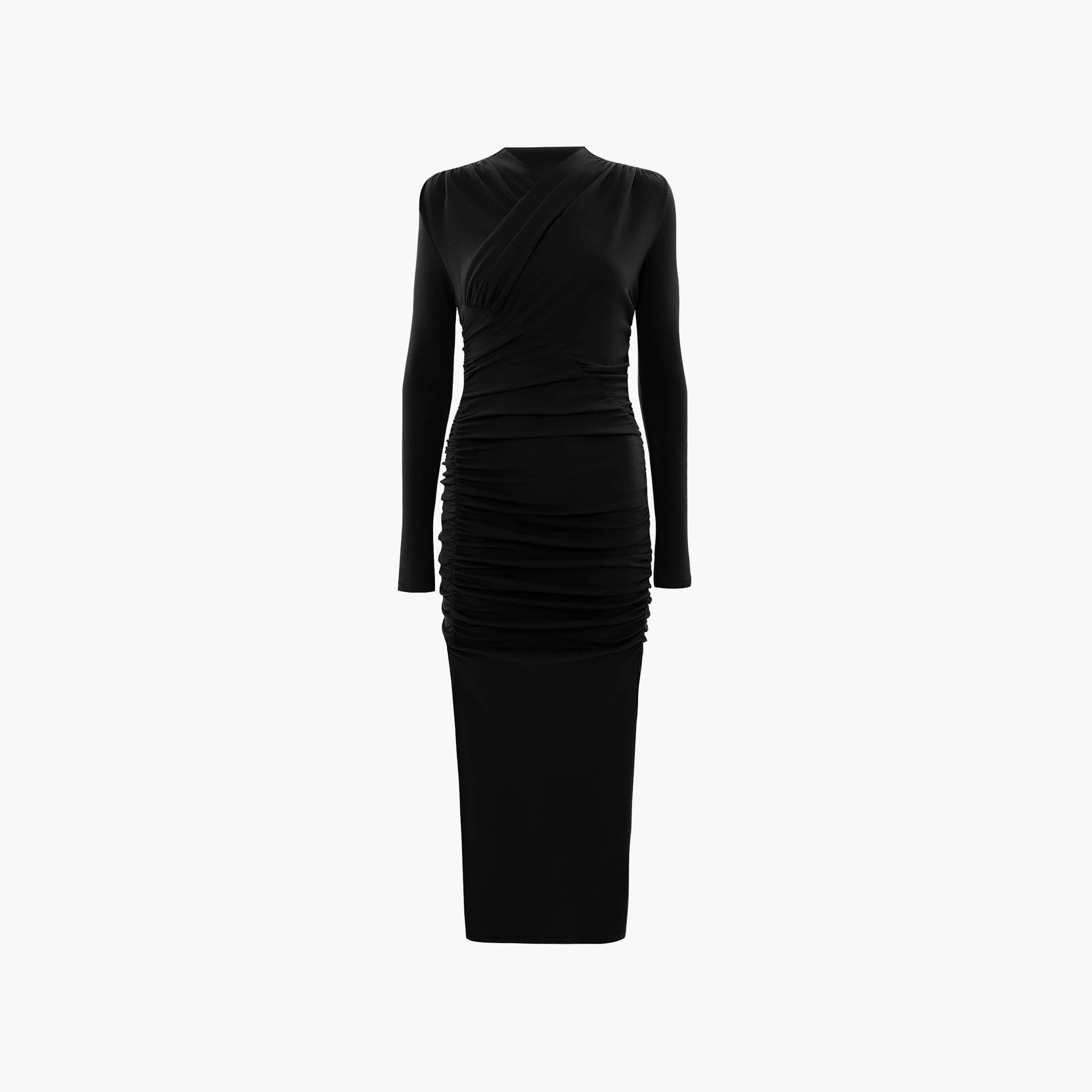Lichi Black Ruched Jersey Mock Neck Column Women's Midi Evening Dress-women-clothing-dresses-image-5