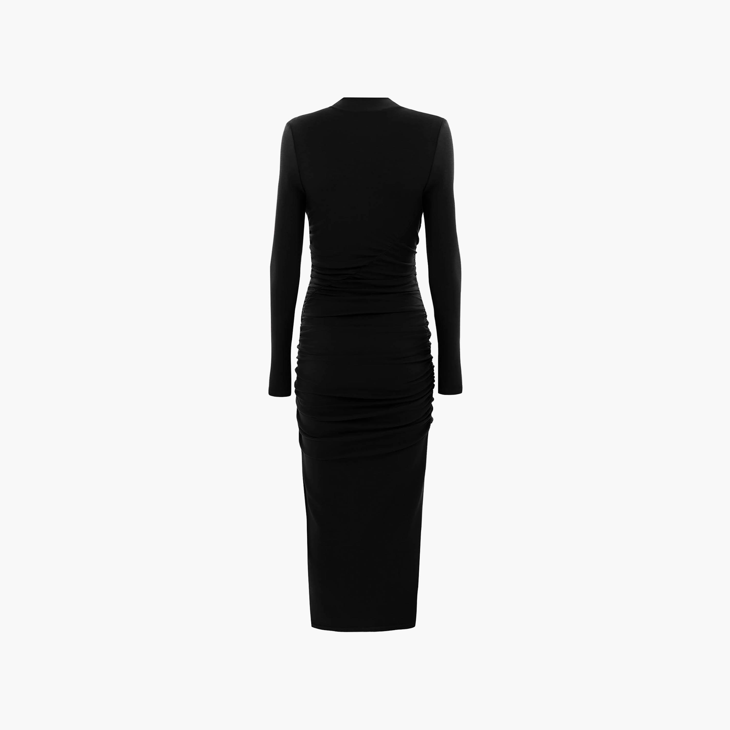 Lichi Black Ruched Jersey Mock Neck Column Women's Midi Evening Dress-women-clothing-dresses-image-6