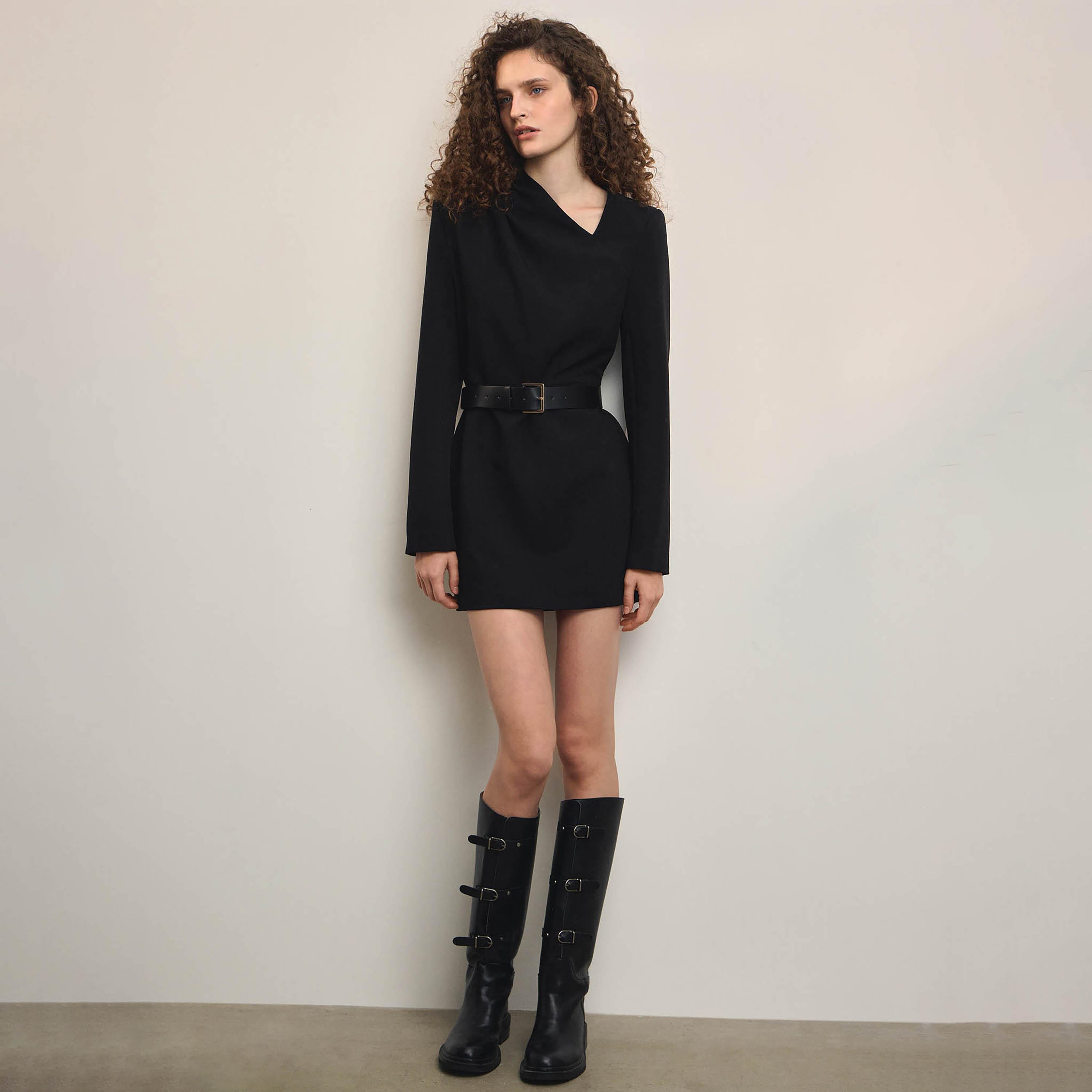 Lichi Black Asymmetric Neck Sheath Women's Mini Dress-women-clothing-dresses-image-1