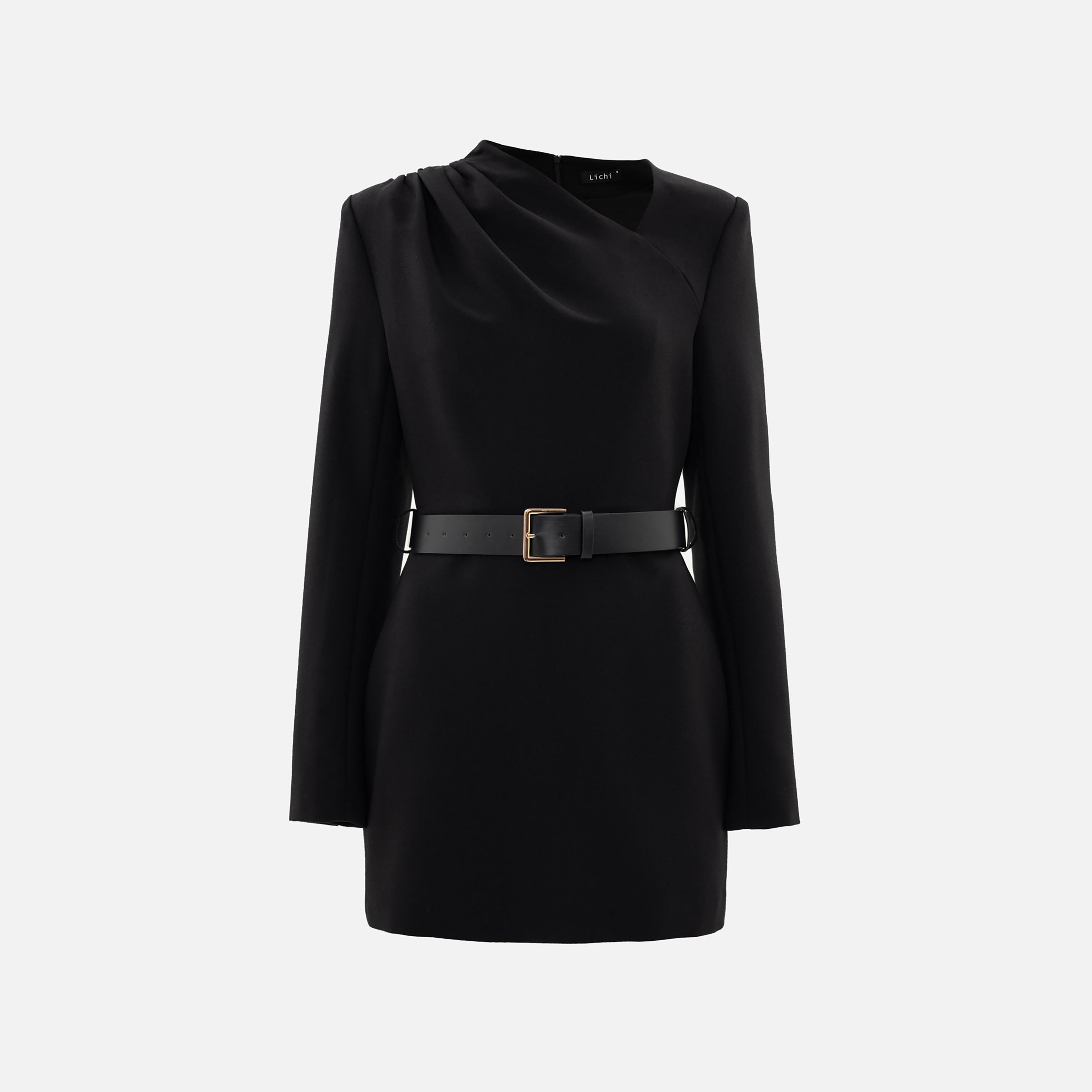 Lichi Black Asymmetric Neck Sheath Women's Mini Dress-women-clothing-dresses-image-5