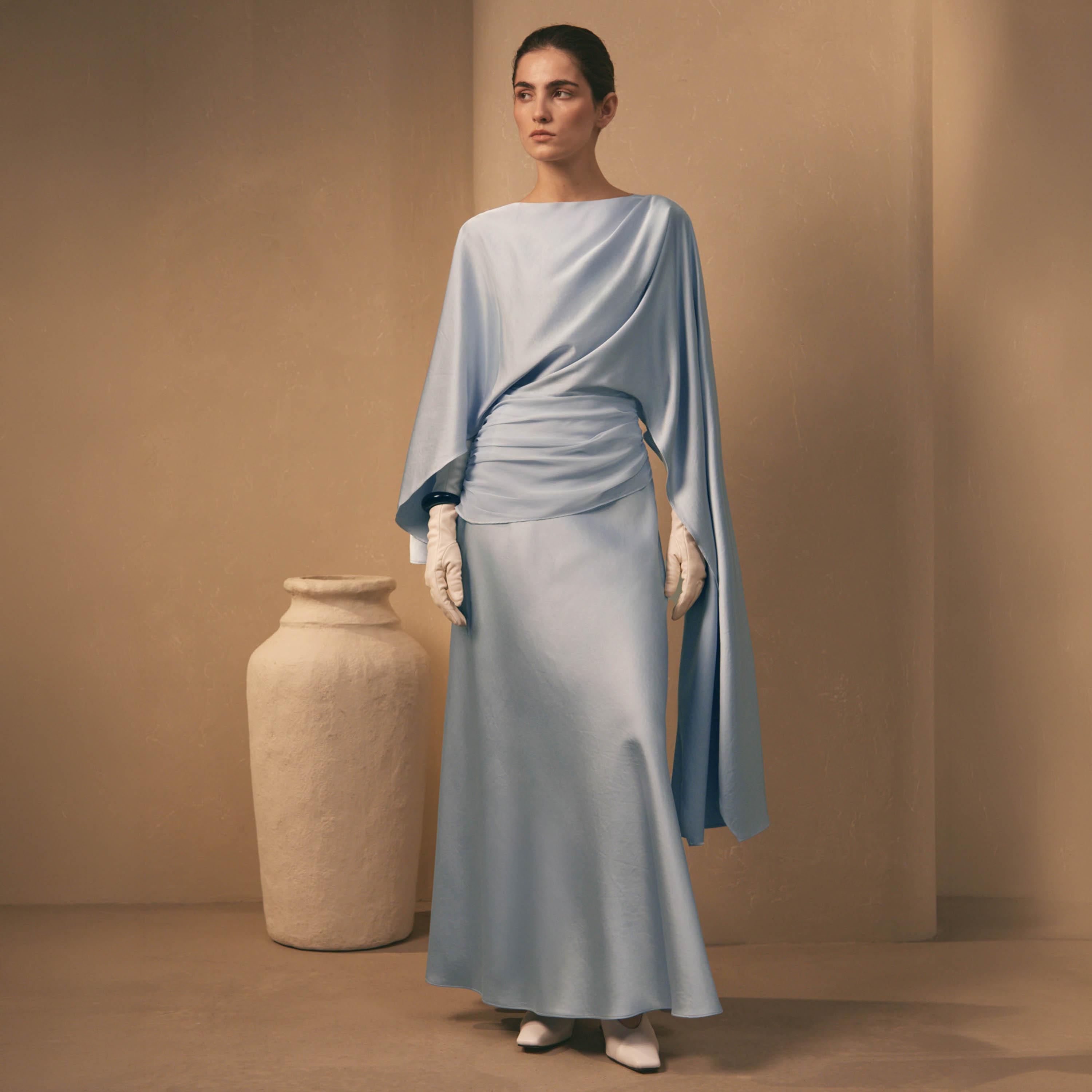 Lichi Blue Ruched Satin Sheath Women's Maxi Evening Dress-women-clothing-dresses-image-1