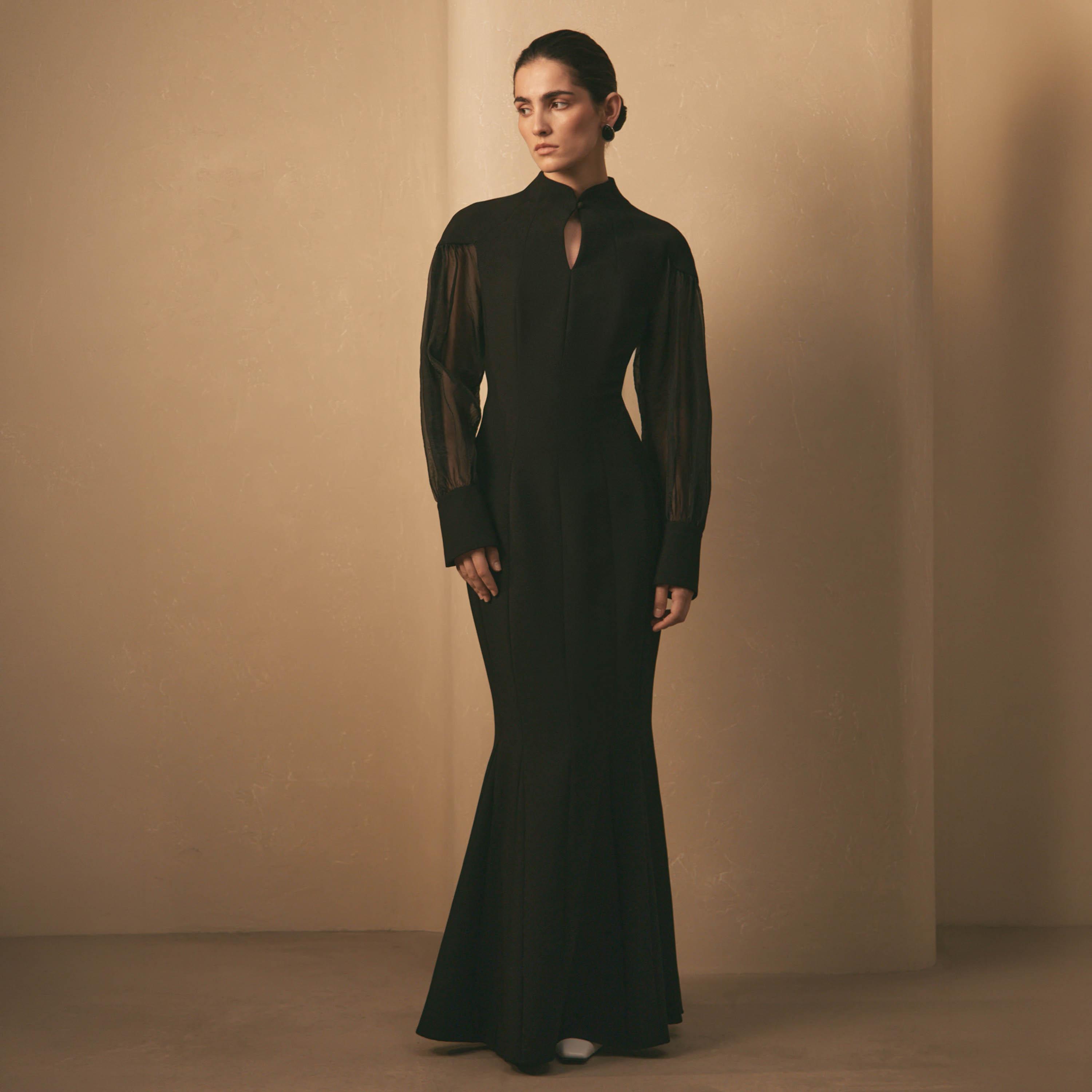 Lichi Black Mandarin Collar Bishop Sleeves Trumpet Women's Maxi Evening Dress-women-clothing-dresses-image-1