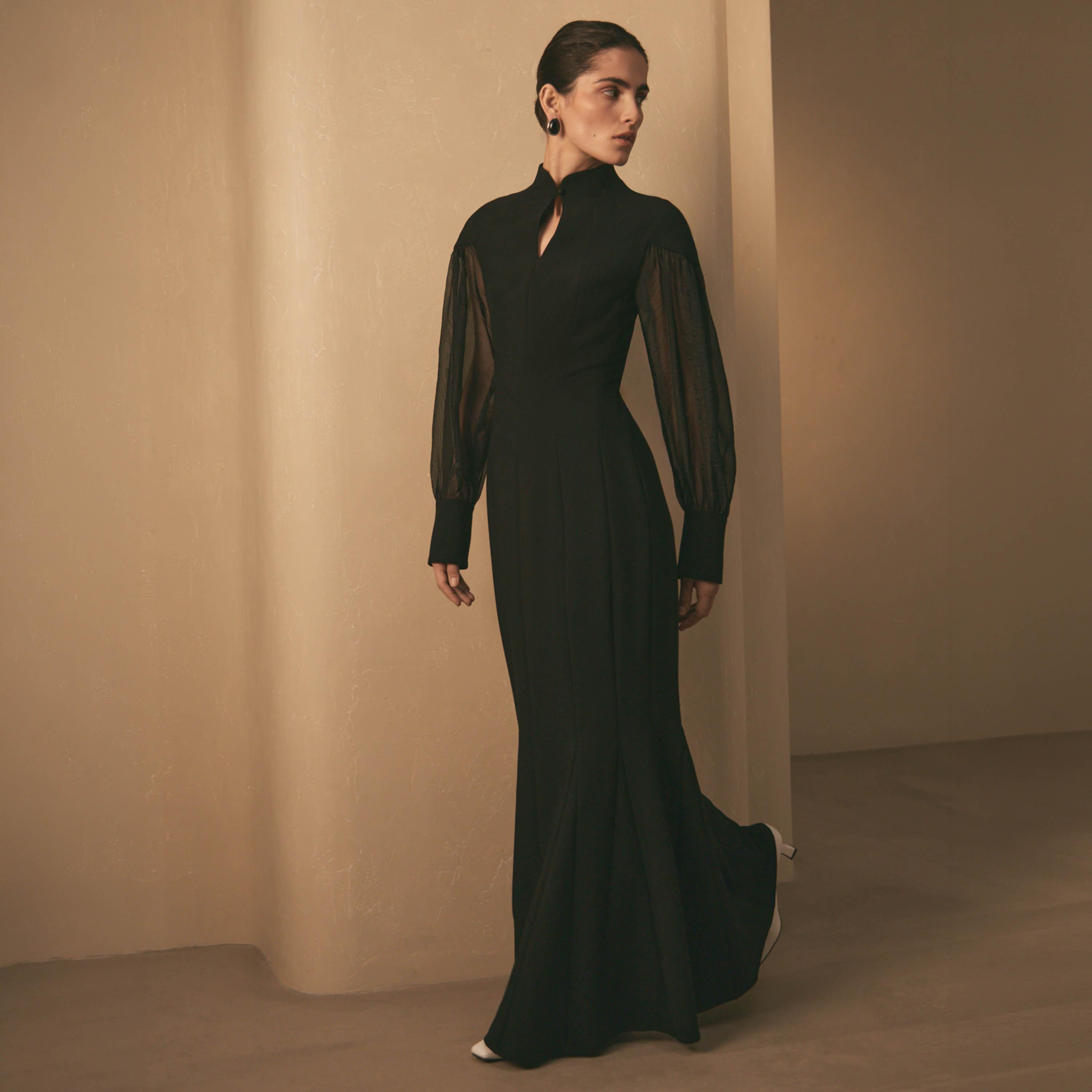 Lichi Black Mandarin Collar Bishop Sleeves Trumpet Women's Maxi Evening Dress-women-clothing-dresses-image-2