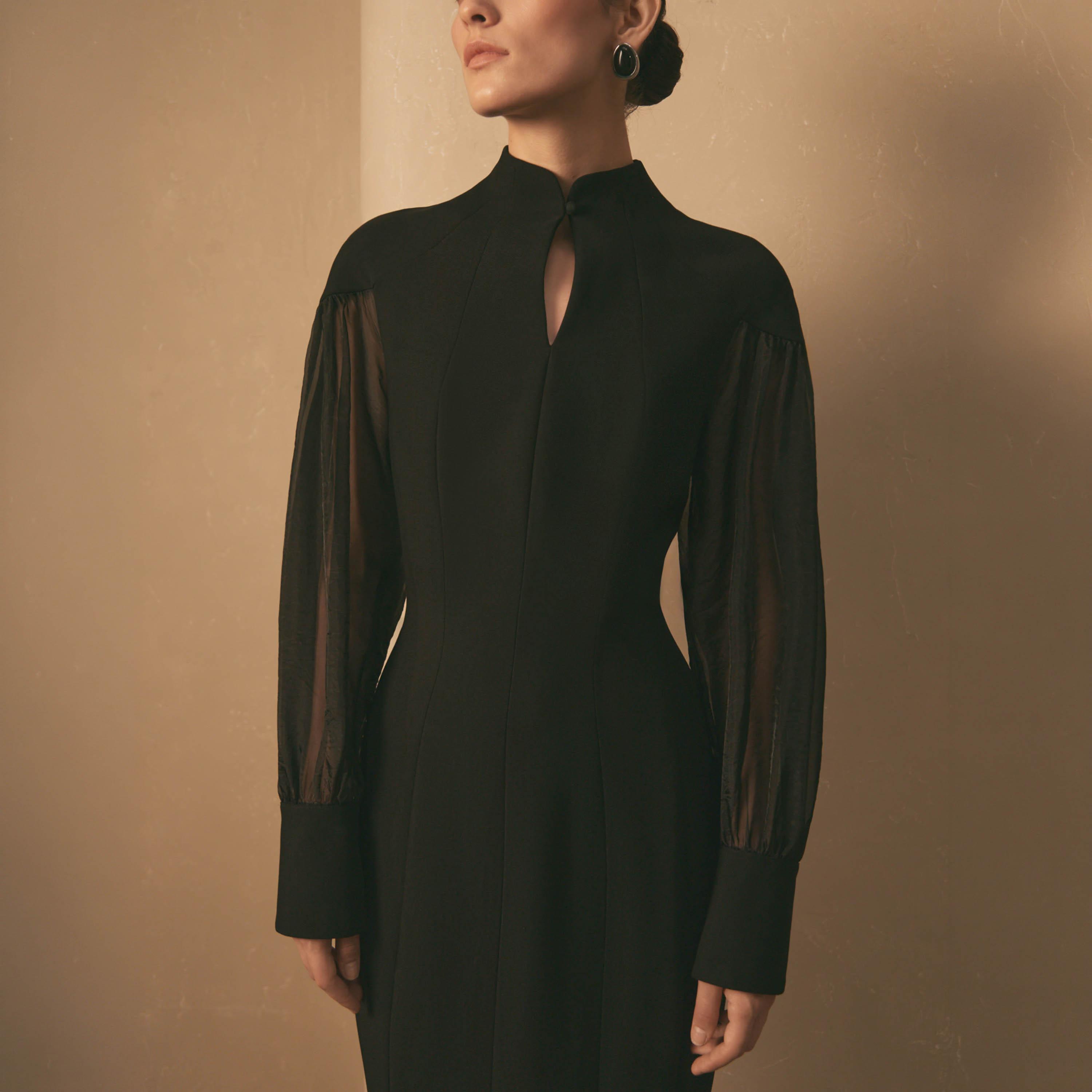Lichi Black Mandarin Collar Bishop Sleeves Trumpet Women's Maxi Evening Dress-women-clothing-dresses-image-3