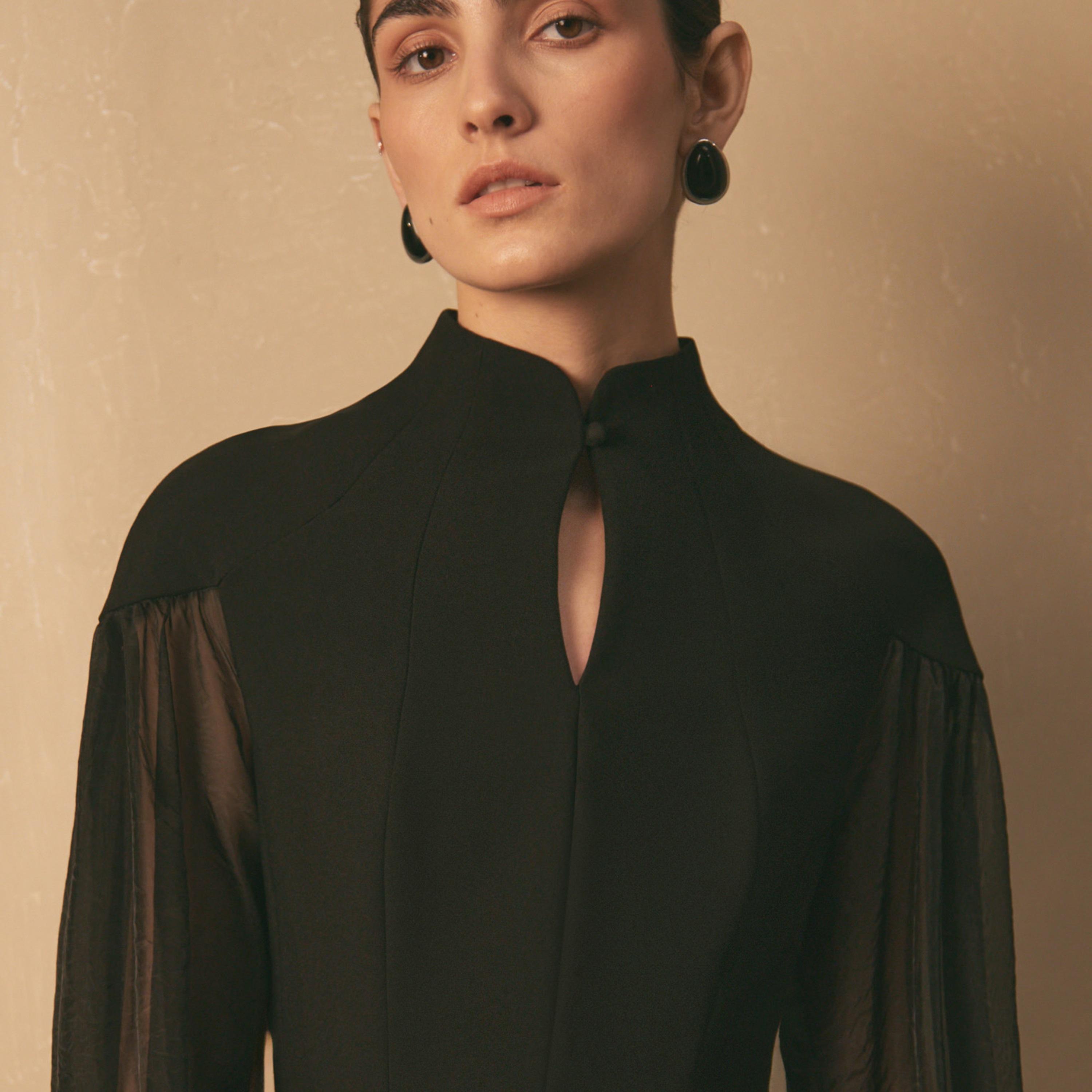 Lichi Black Mandarin Collar Bishop Sleeves Trumpet Women's Maxi Evening Dress-women-clothing-dresses-image-4
