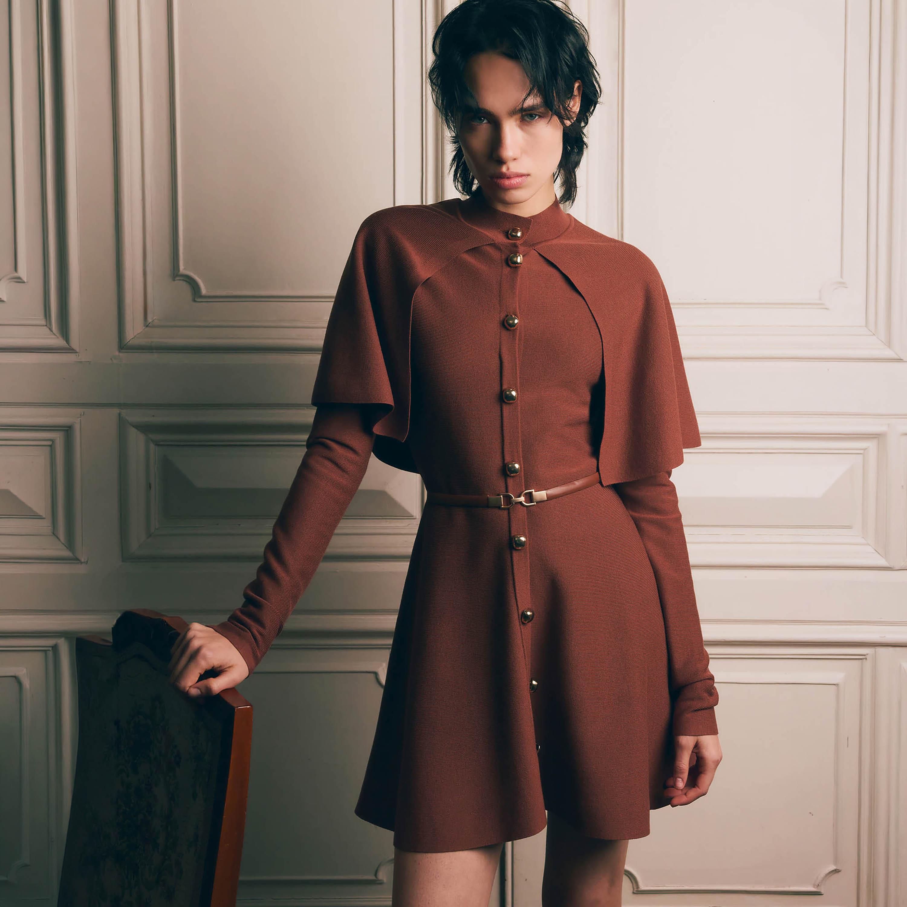 Lichi Textured Mock Neck Fitted Sleeves Fit & Flared Women's Mini Dress with Cape-women-clothing-dresses-image-1