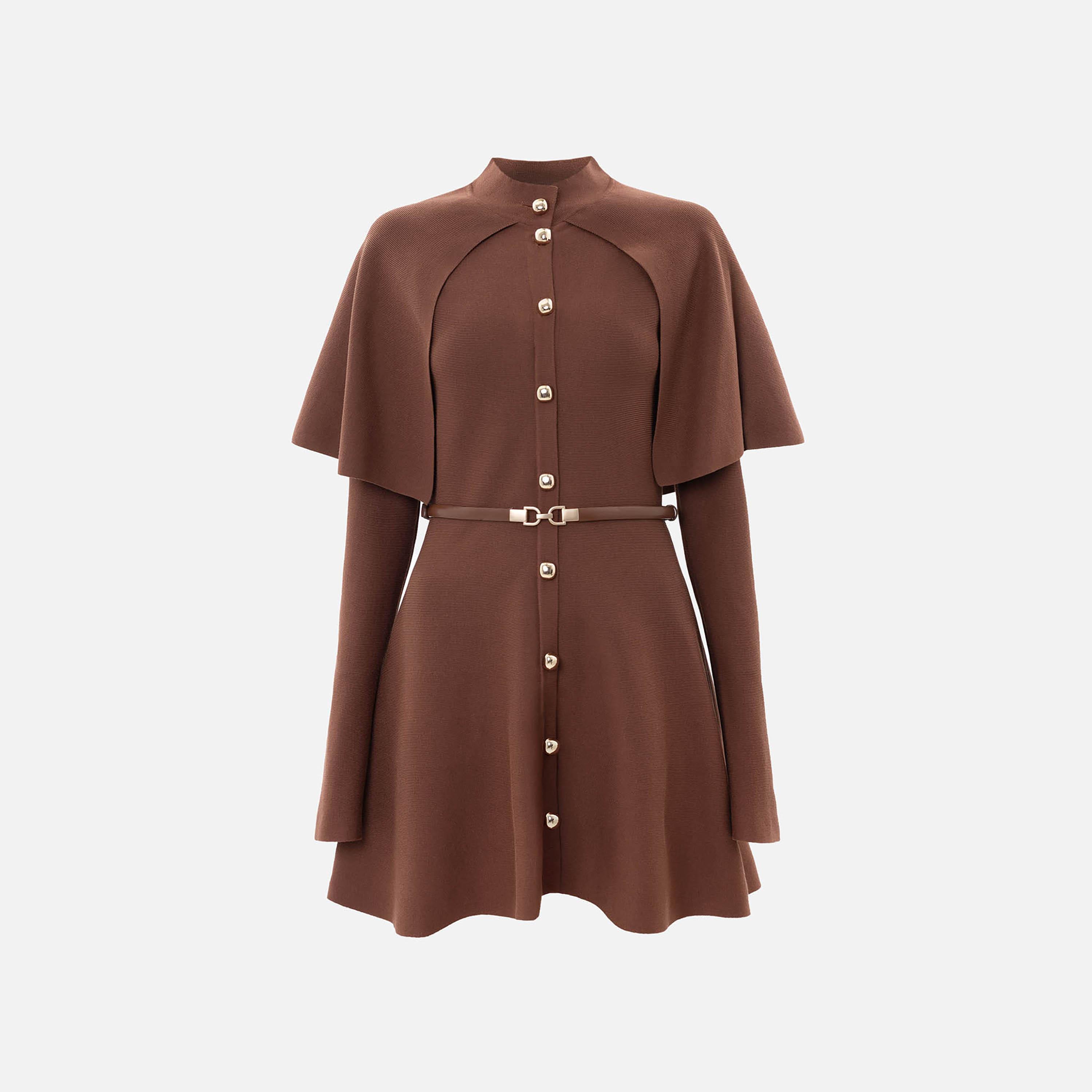 Lichi Textured Mock Neck Fitted Sleeves Fit & Flared Women's Mini Dress with Cape-women-clothing-dresses-image-5