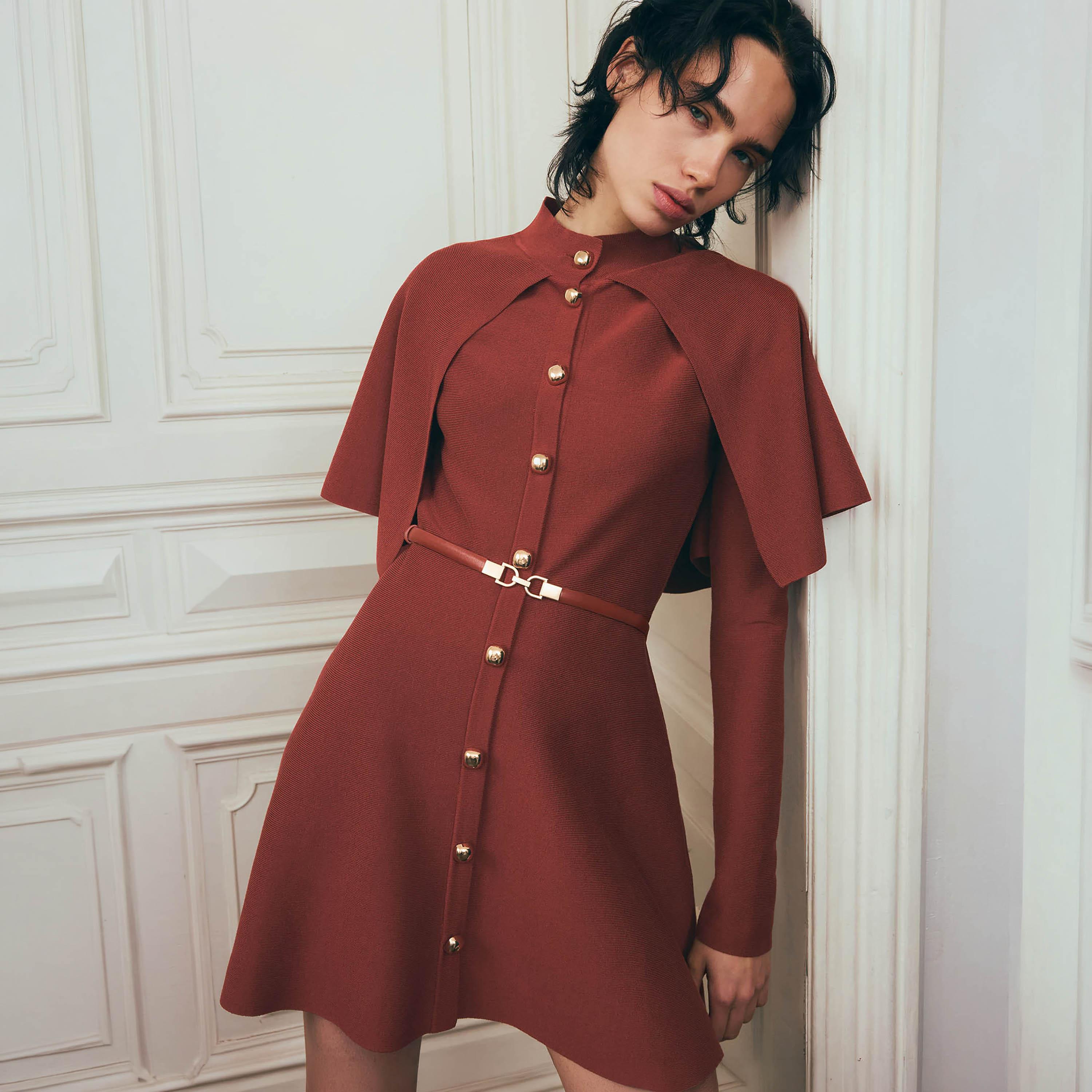 Lichi Textured Mock Neck Fitted Sleeves Fit & Flared Women's Mini Dress with Cape-women-clothing-dresses-image-3