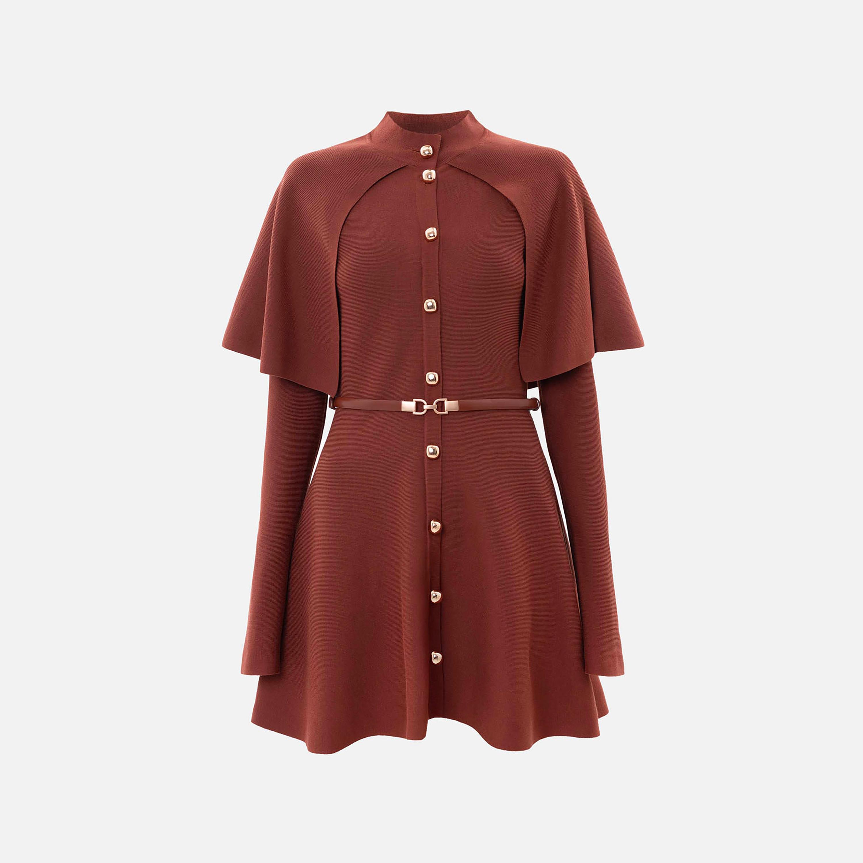Lichi Textured Mock Neck Fitted Sleeves Fit & Flared Women's Mini Dress with Cape-women-clothing-dresses-image-5