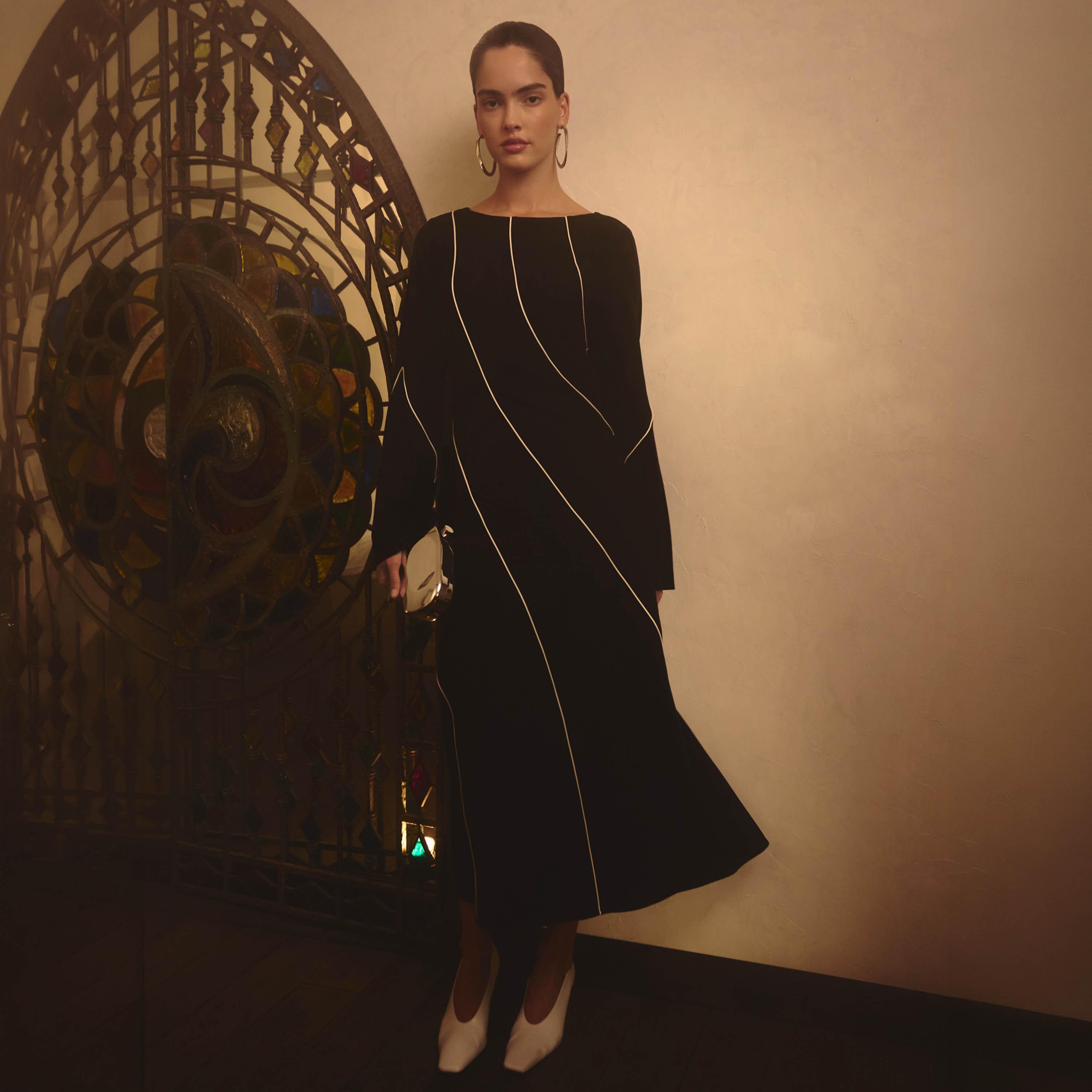 Lichi Black Contrast Piping Women's Midi Dress-women-clothing-dresses-image-1