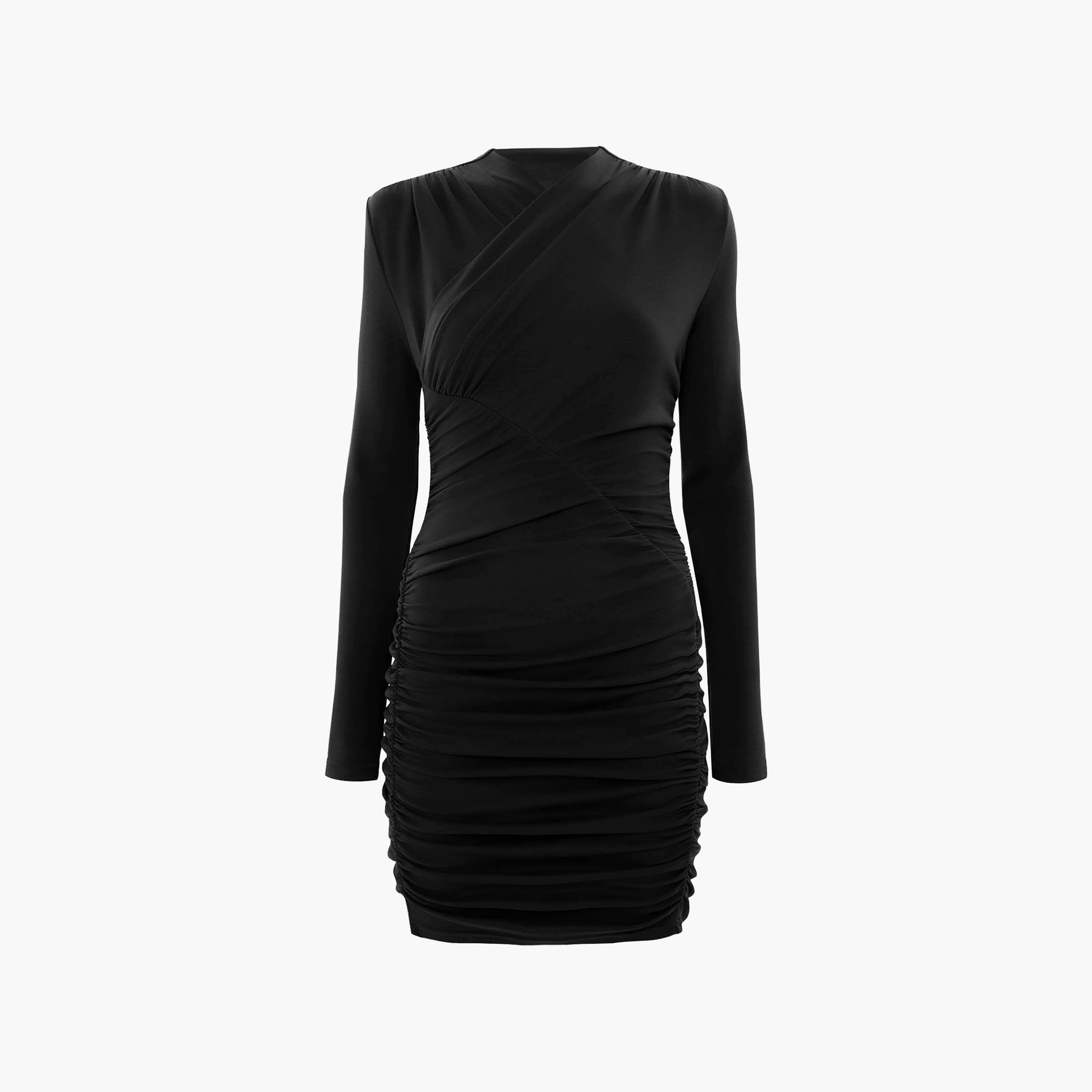 Lichi Black Ruched Jersey Mock Neck Bodycon Women's Mini Evening Dress-women-clothing-dresses-image-5