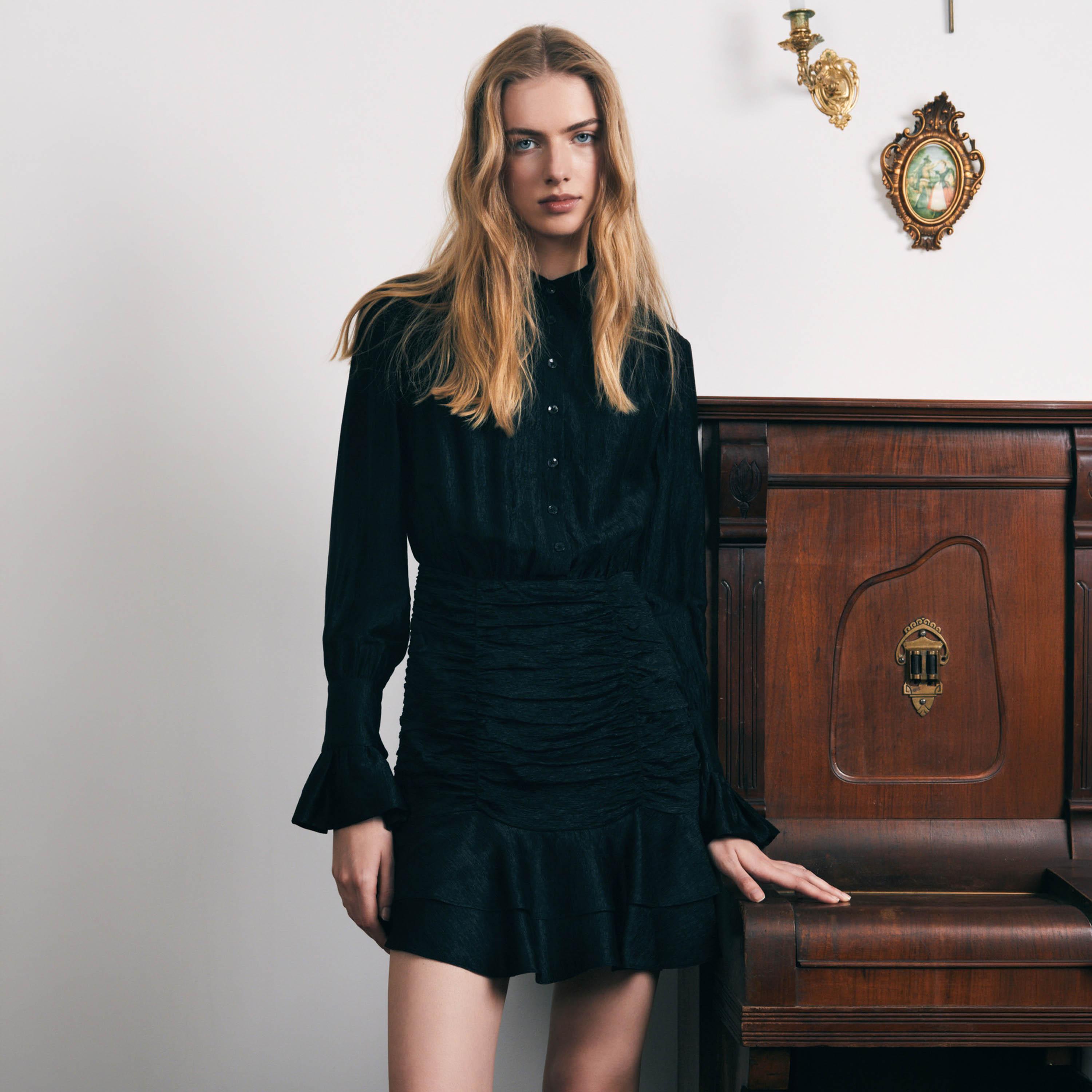 Lichi Black Crinkled Collared Bishop Sleeves Shirt Women's Mini Dress-women-clothing-dresses-image-1