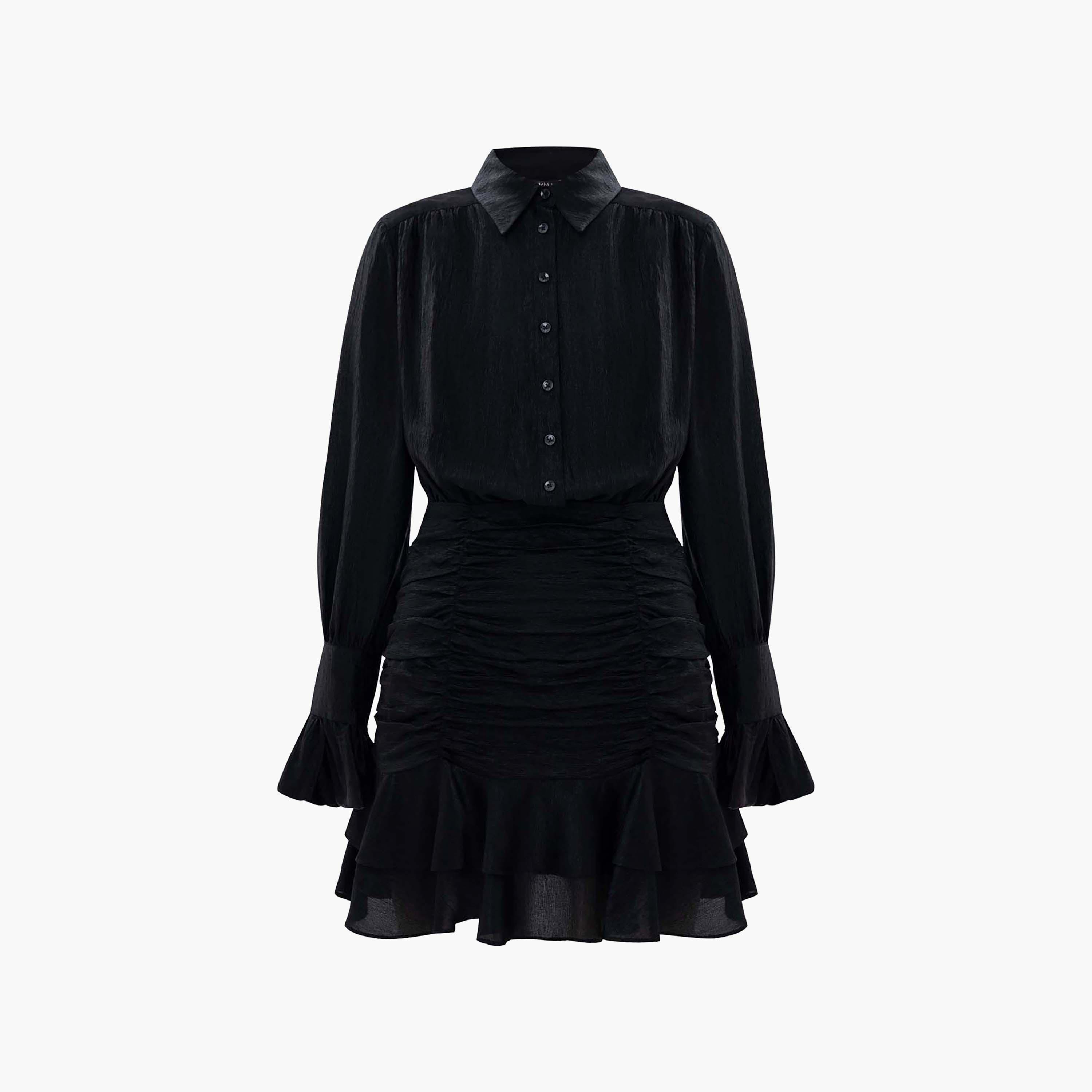 Lichi Black Crinkled Collared Bishop Sleeves Shirt Women's Mini Dress-women-clothing-dresses-image-5