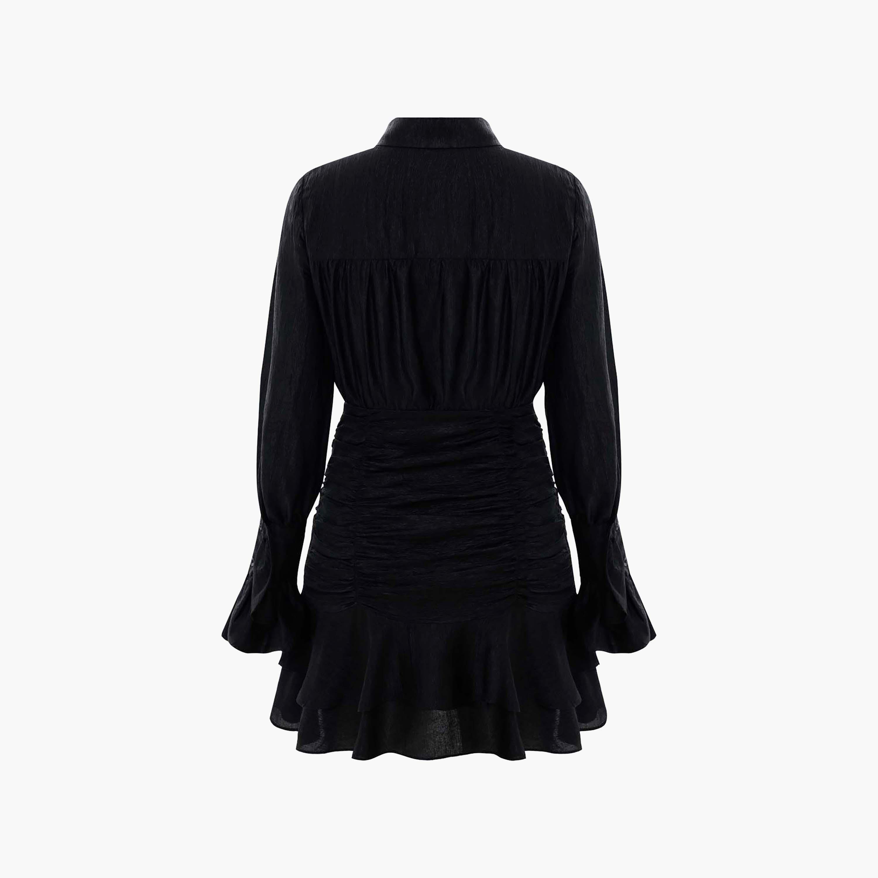 Lichi Black Crinkled Collared Bishop Sleeves Shirt Women's Mini Dress-women-clothing-dresses-image-6