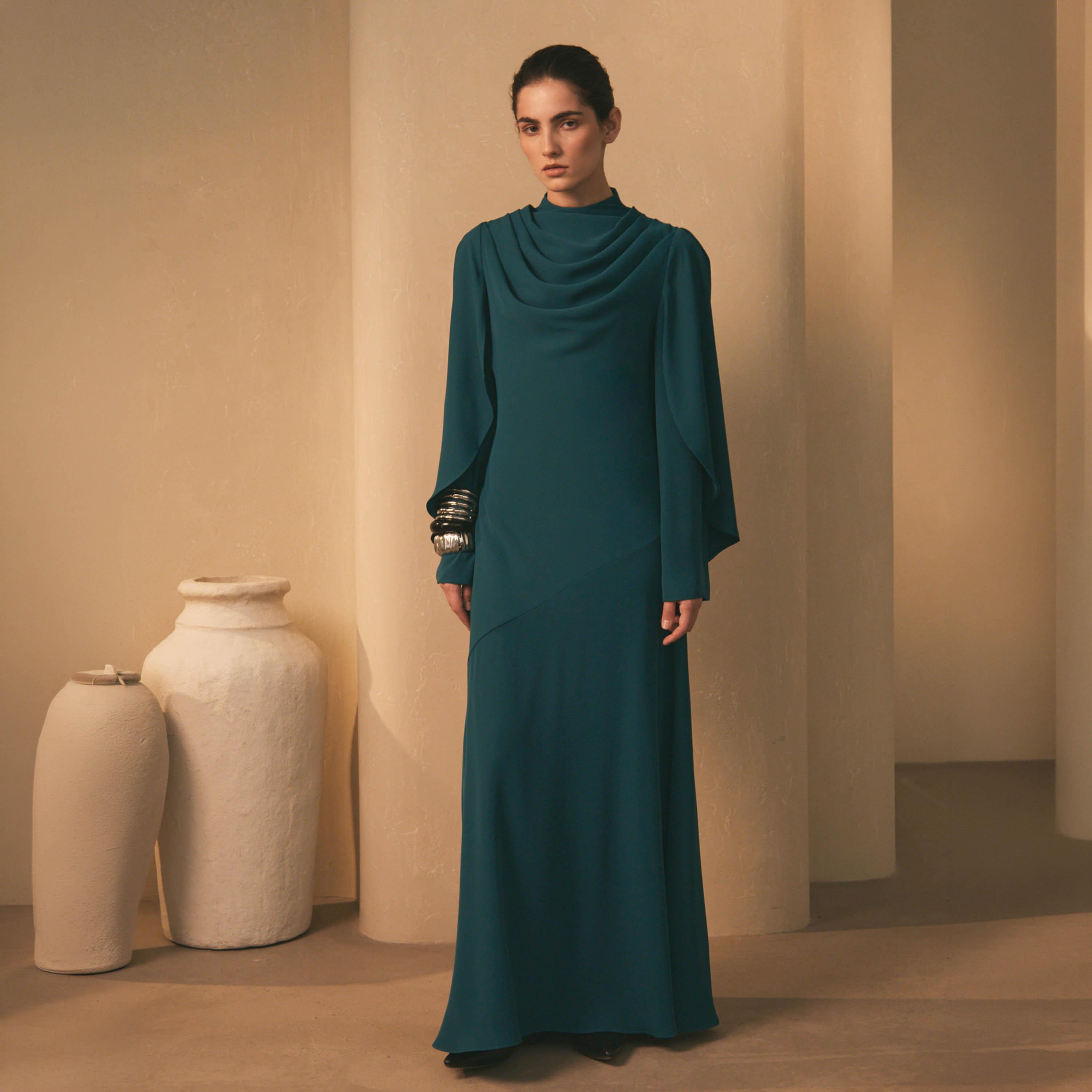 فستان سهرة ماكسي كلوش (فليرد) بياقة عالية مرنة (موك نيك) للنساء من ليتشي-women-clothing-dresses-image-1