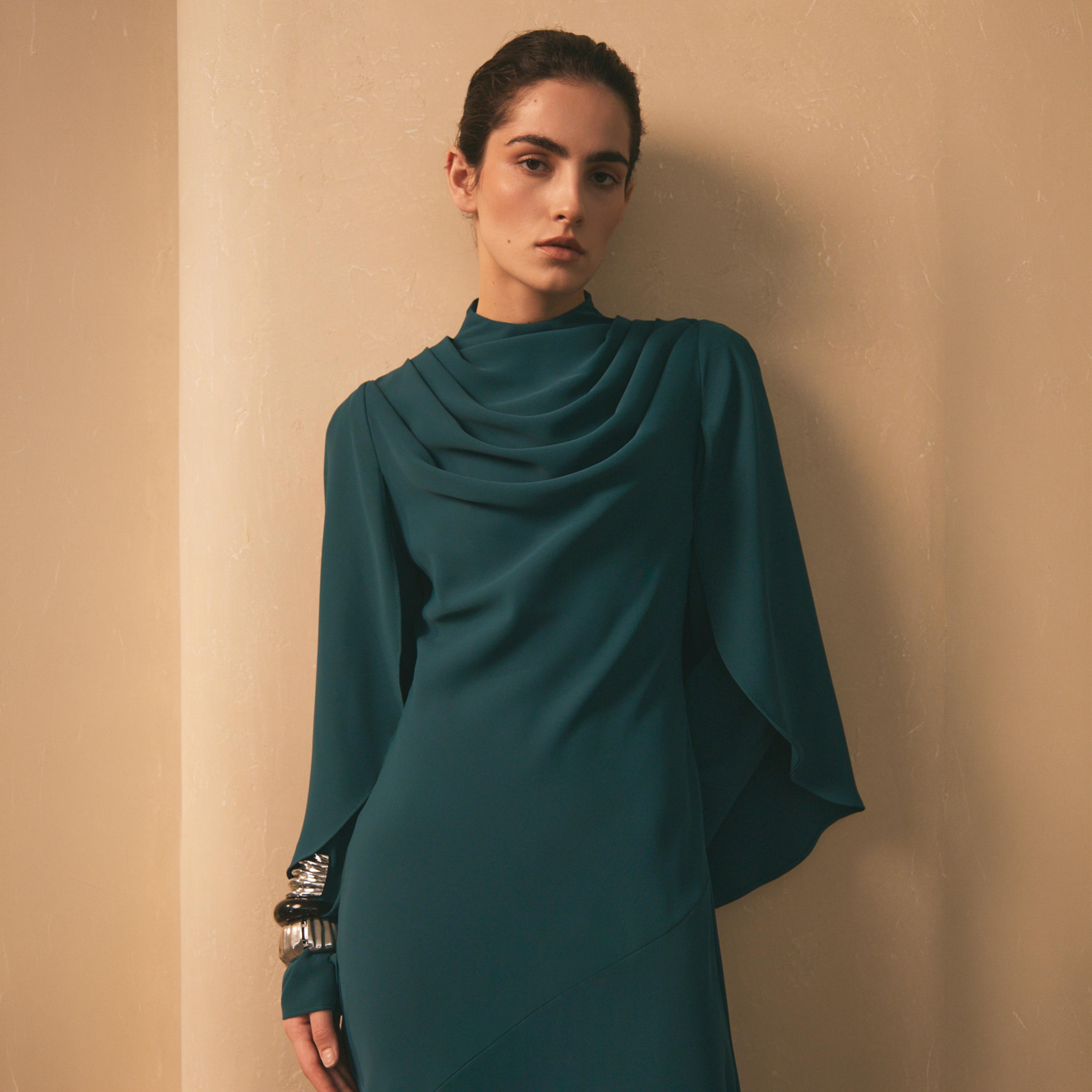 فستان سهرة ماكسي كلوش (فليرد) بياقة عالية مرنة (موك نيك) للنساء من ليتشي-women-clothing-dresses-image-3