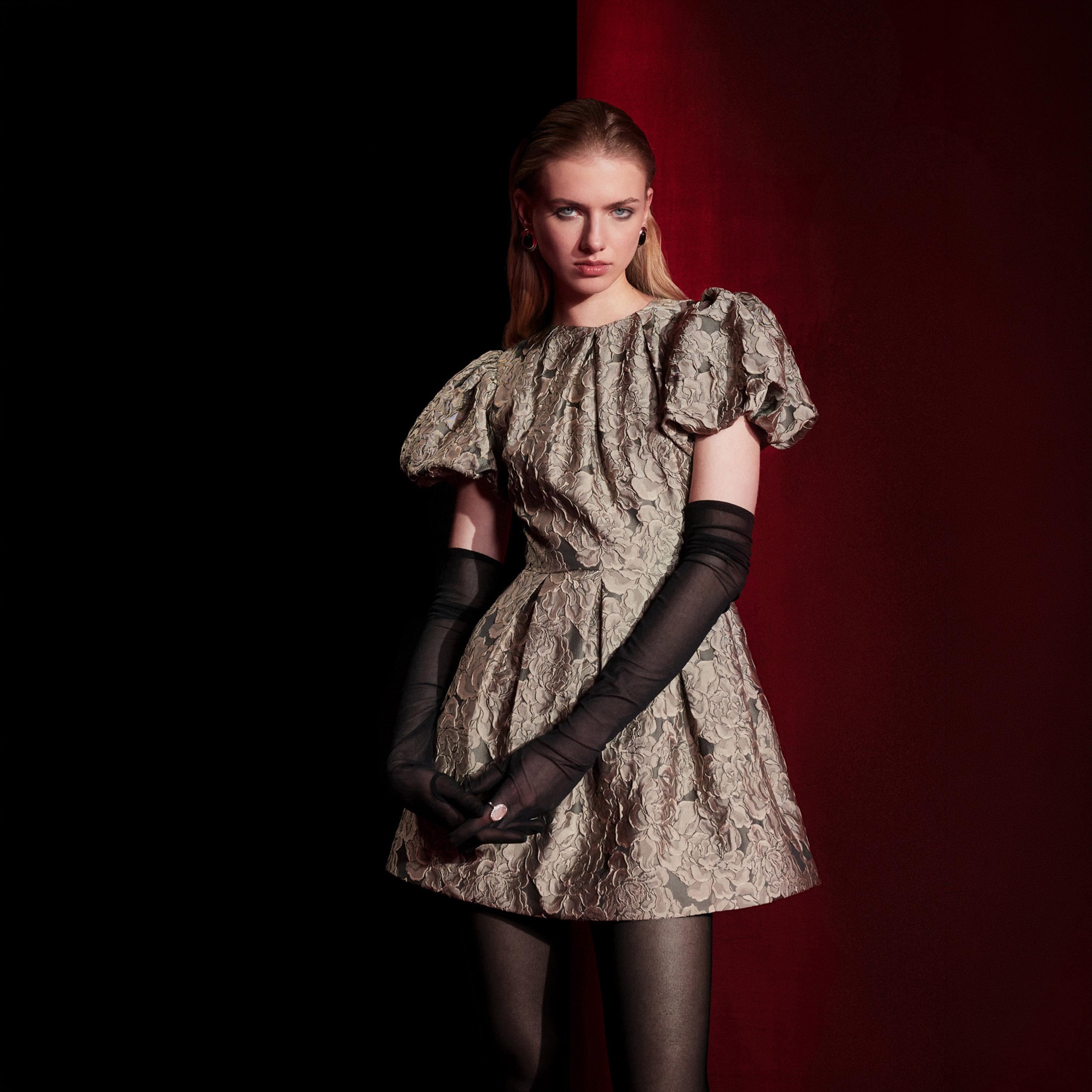 فستان ميني واسع (سكايتر) بأكمام منفوخة من الجاكار بنقشة زهور للنساء من ليتشي-women-clothing-dresses-image-2