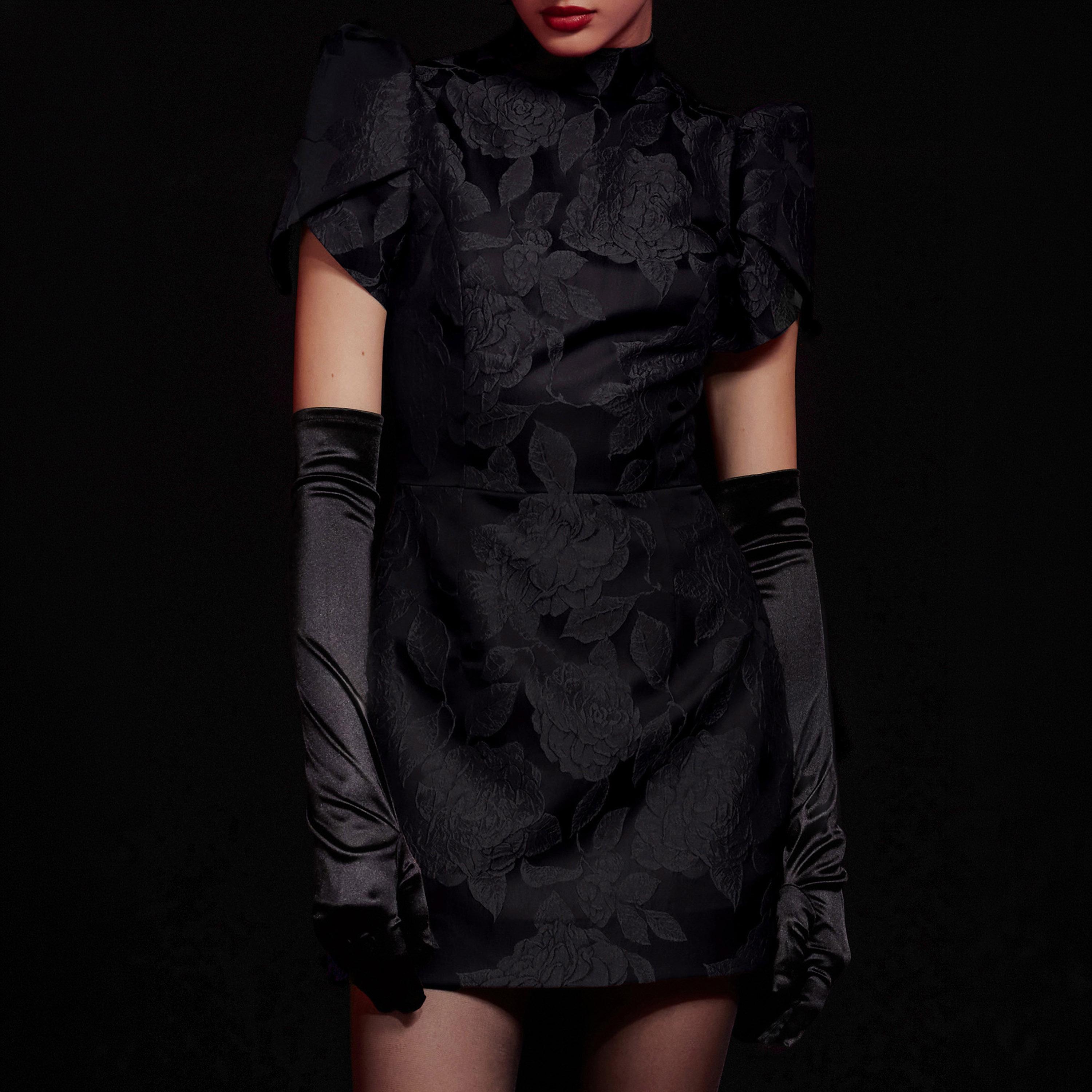 Lichi Floral Jacquard High Neck Puff Sleeves Sheath Women's Mini Dress-women-clothing-dresses-image-4