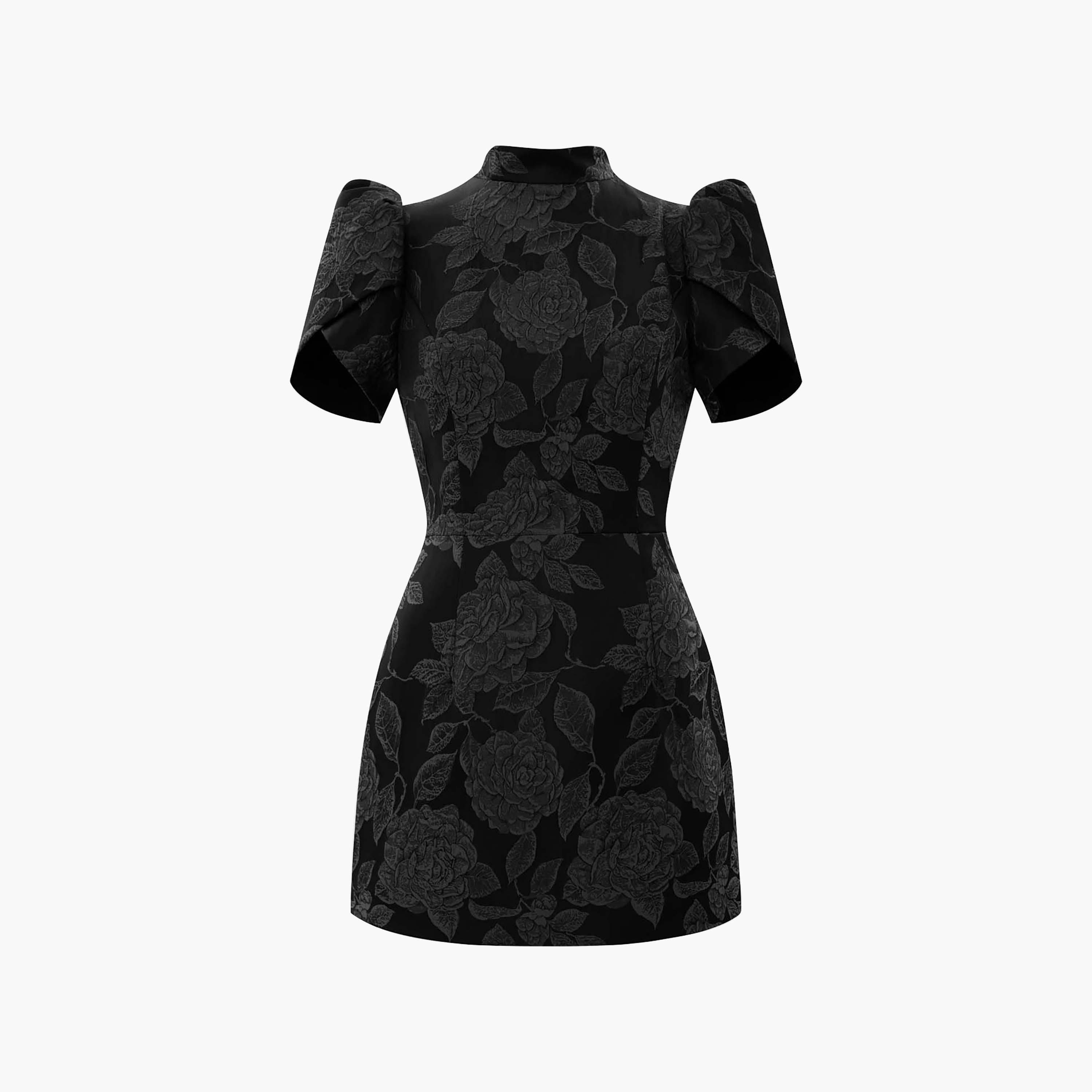 Lichi Floral Jacquard High Neck Puff Sleeves Sheath Women's Mini Dress-women-clothing-dresses-image-5