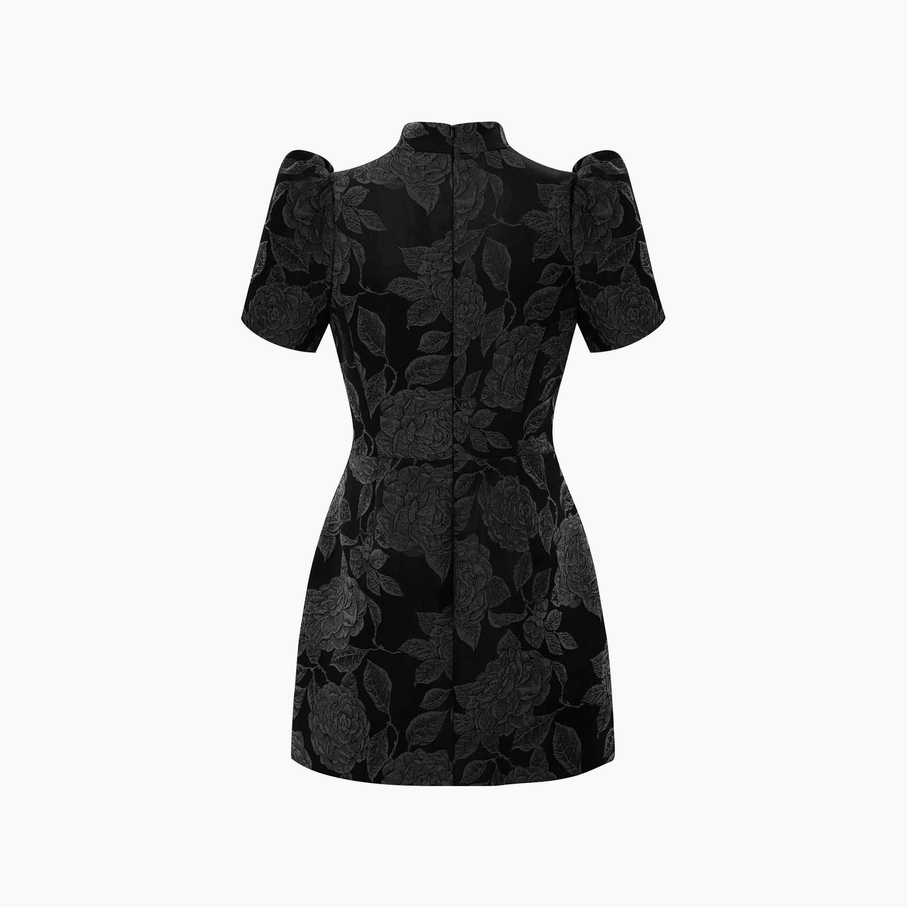 Lichi Floral Jacquard High Neck Puff Sleeves Sheath Women's Mini Dress-women-clothing-dresses-image-6