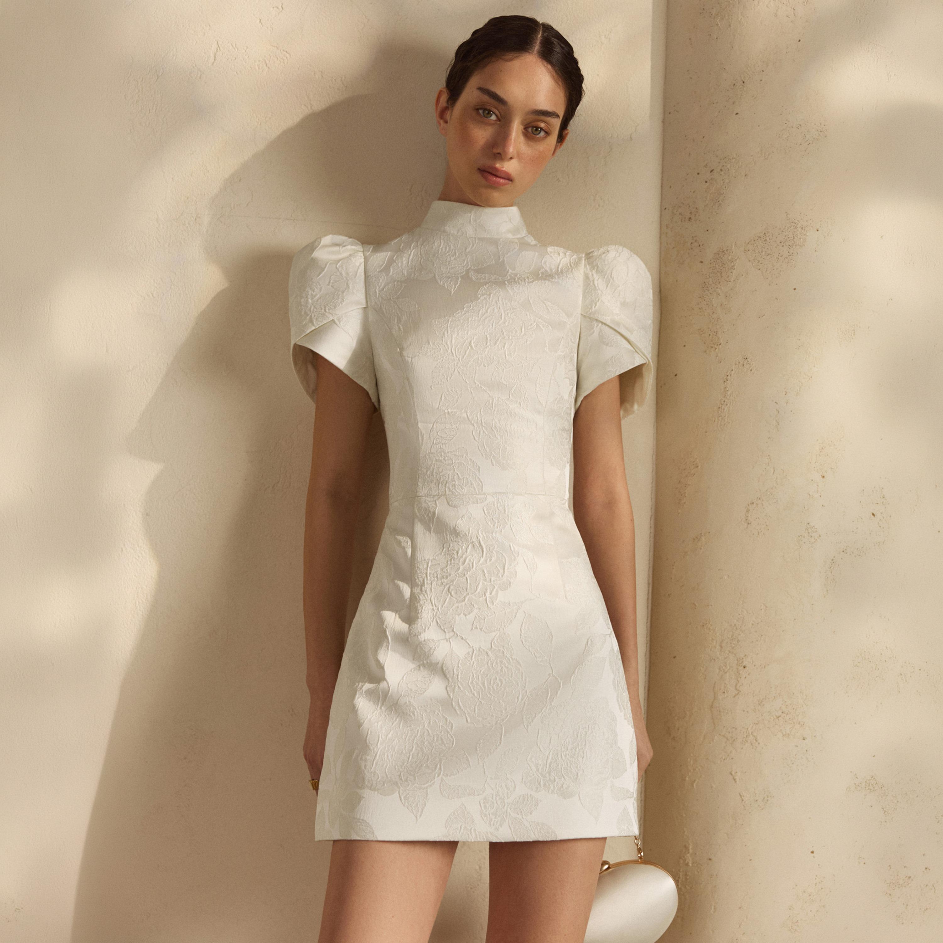 Lichi Floral Jacquard High Neck Puff Sleeves Sheath Women's Mini Dress-women-clothing-dresses-image-2