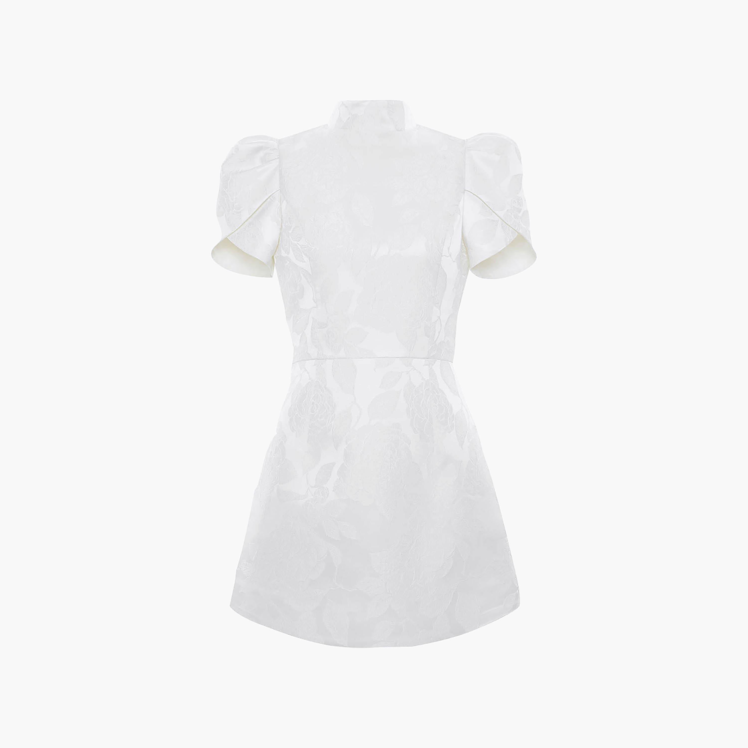 Lichi Floral Jacquard High Neck Puff Sleeves Sheath Women's Mini Dress-women-clothing-dresses-image-5