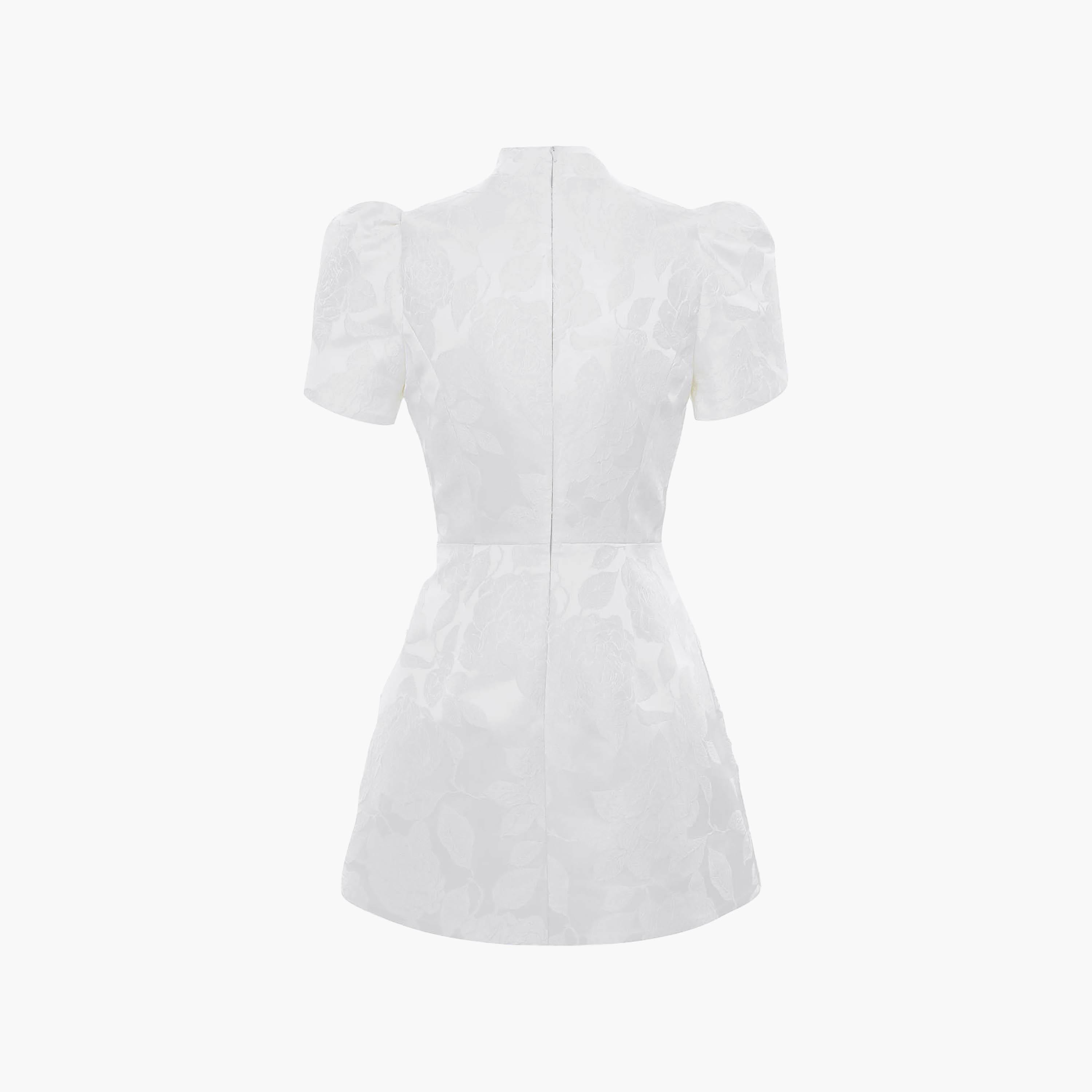 Lichi Floral Jacquard High Neck Puff Sleeves Sheath Women's Mini Dress-women-clothing-dresses-image-6