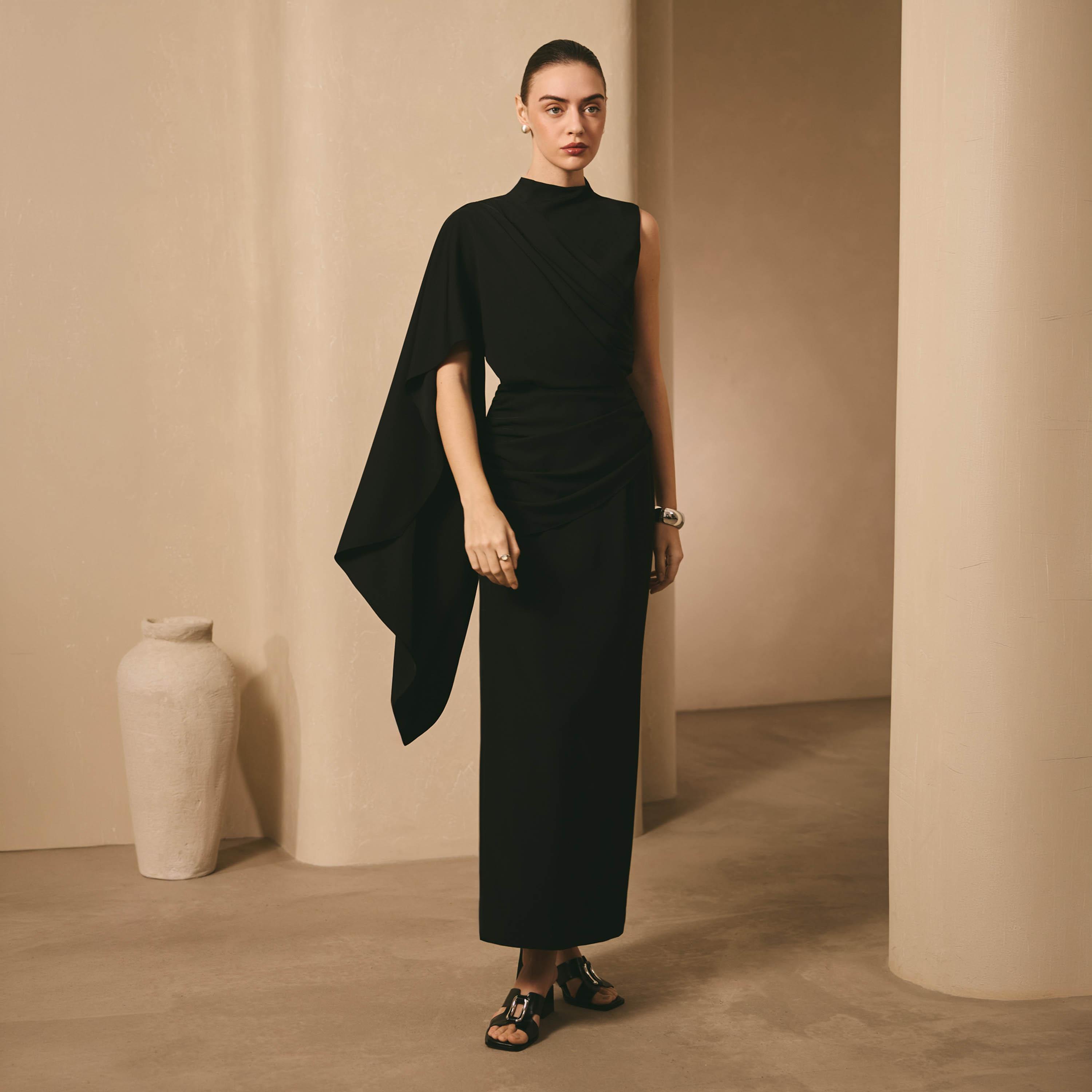 فستان سهرة ميدي ضيق (شيث) بياقة عالية مرنة (موك نيك) من ليتشي-women-clothing-dresses-image-1
