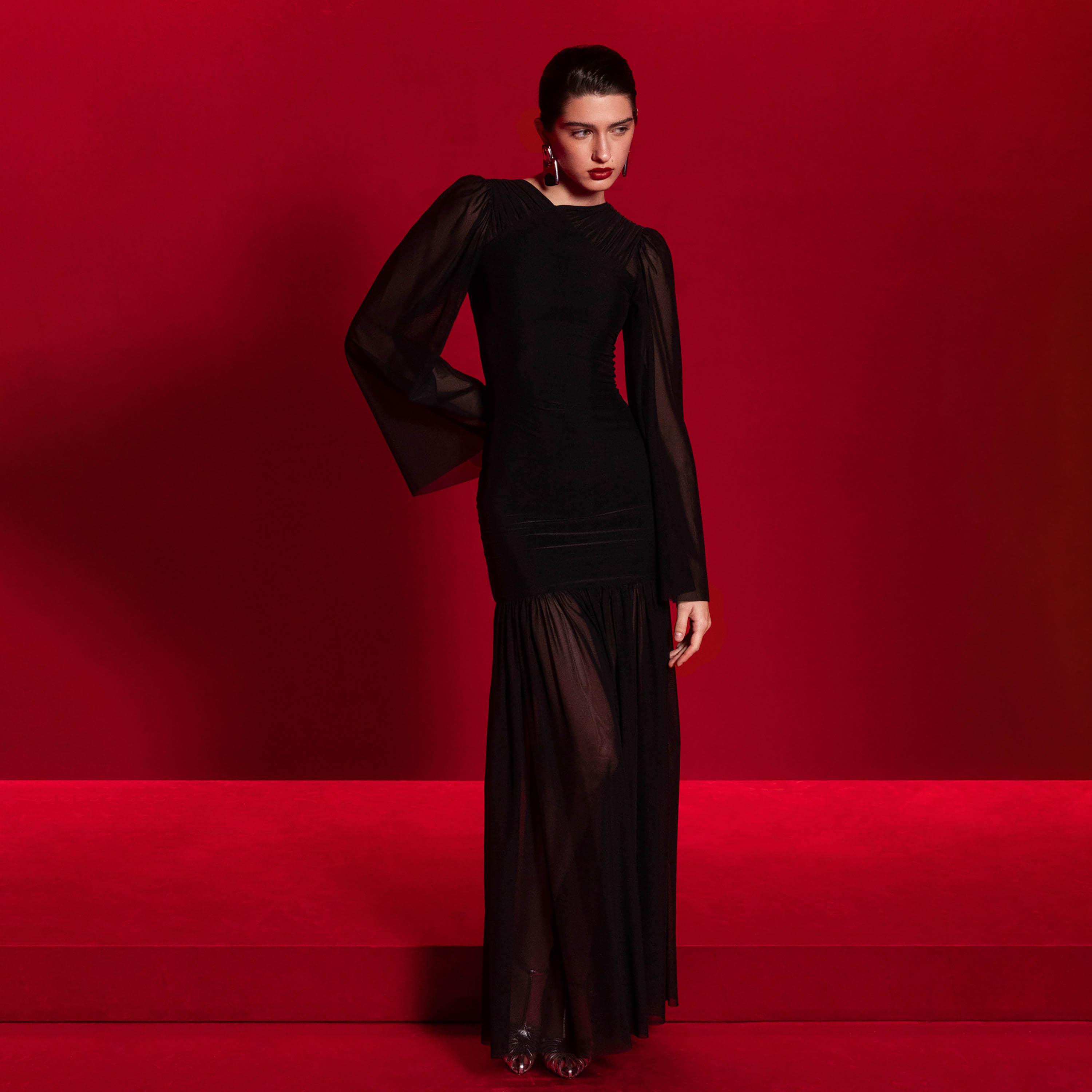 Lichi Black Chiffon Asymmetric Neck Flared Sleeves Drop Waist Women's Evening Maxi Dress-women-clothing-dresses-image-1