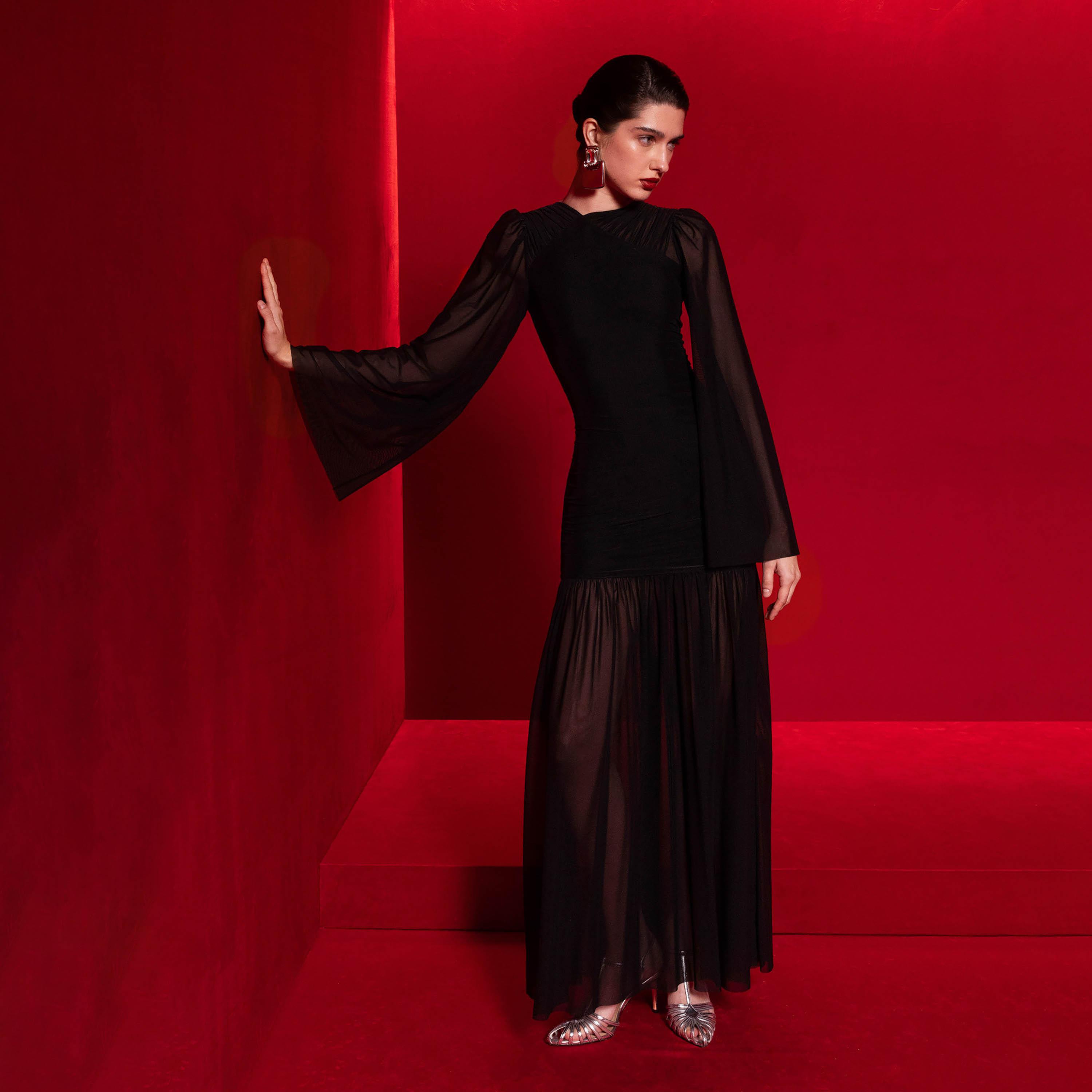 Lichi Black Chiffon Asymmetric Neck Flared Sleeves Drop Waist Women's Evening Maxi Dress-women-clothing-dresses-image-2