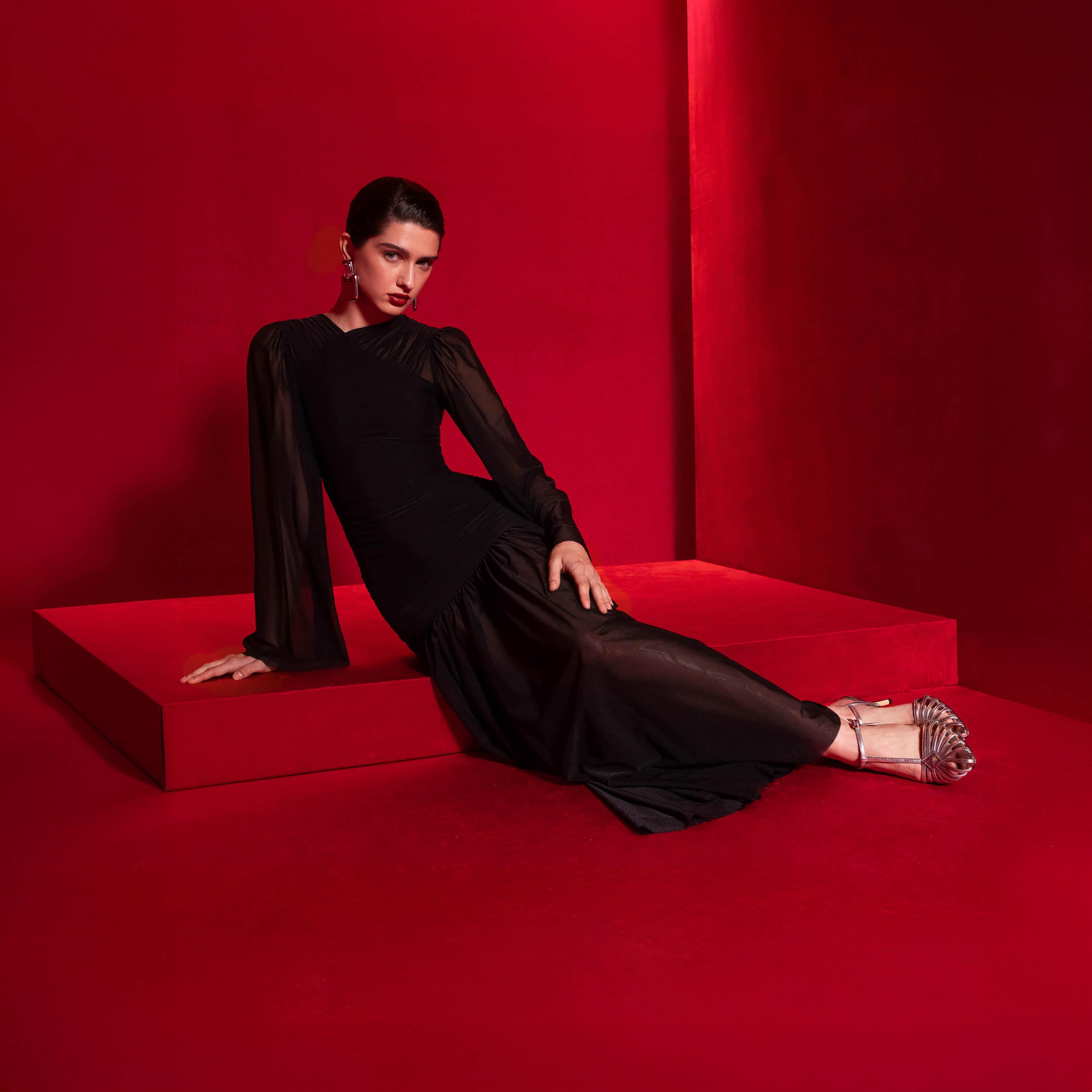 Lichi Black Chiffon Asymmetric Neck Flared Sleeves Drop Waist Women's Evening Maxi Dress-women-clothing-dresses-image-3