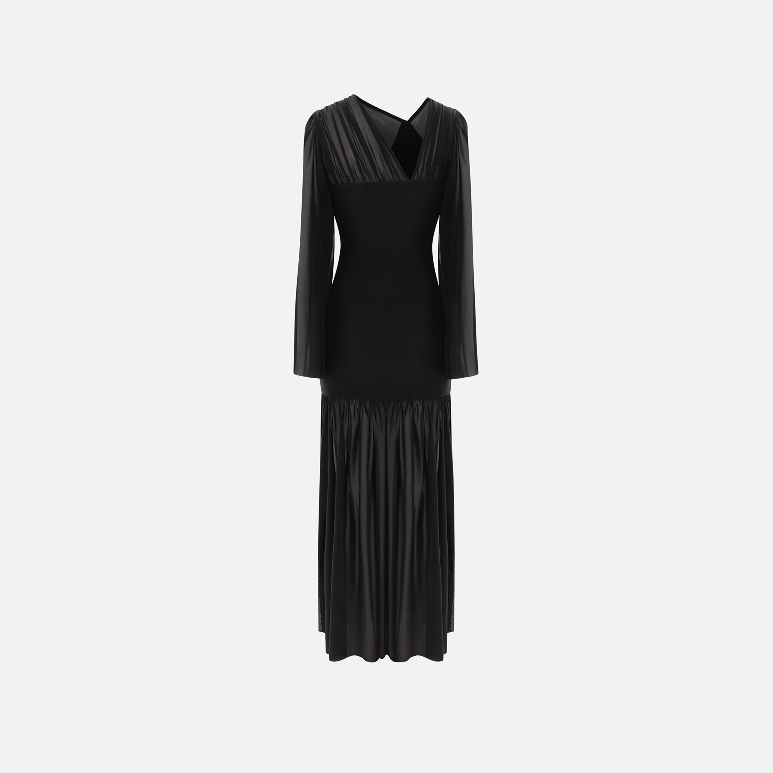 Lichi Black Chiffon Asymmetric Neck Flared Sleeves Drop Waist Women's Evening Maxi Dress-women-clothing-dresses-image-5