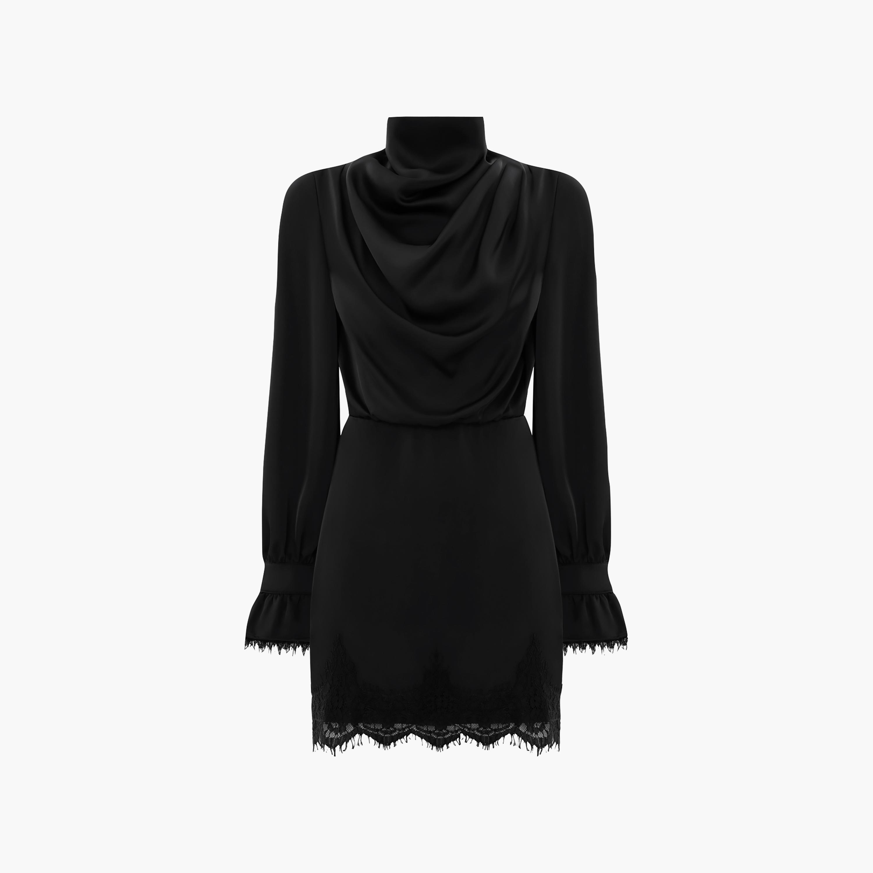 فستان سهرة ميني ضيق (شيث) ستان بياقة عالية ومزين بالدانتيل باللون الأسود من ليتشي-women-clothing-dresses-image-5