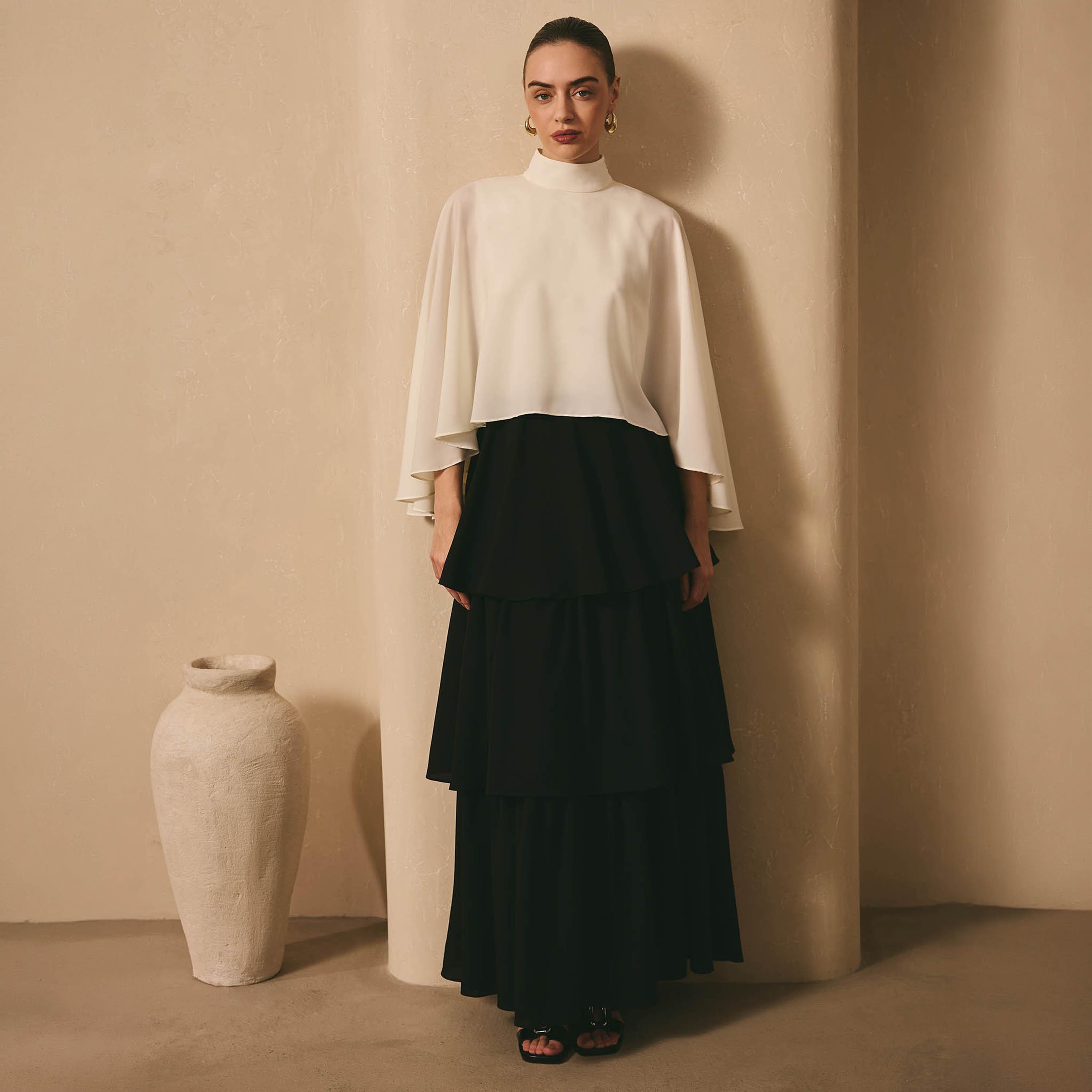 Lichi Black Colour-Blocked High Neck Cape Sleeves Layered Women's Maxi Dress-women-clothing-dresses-image-1