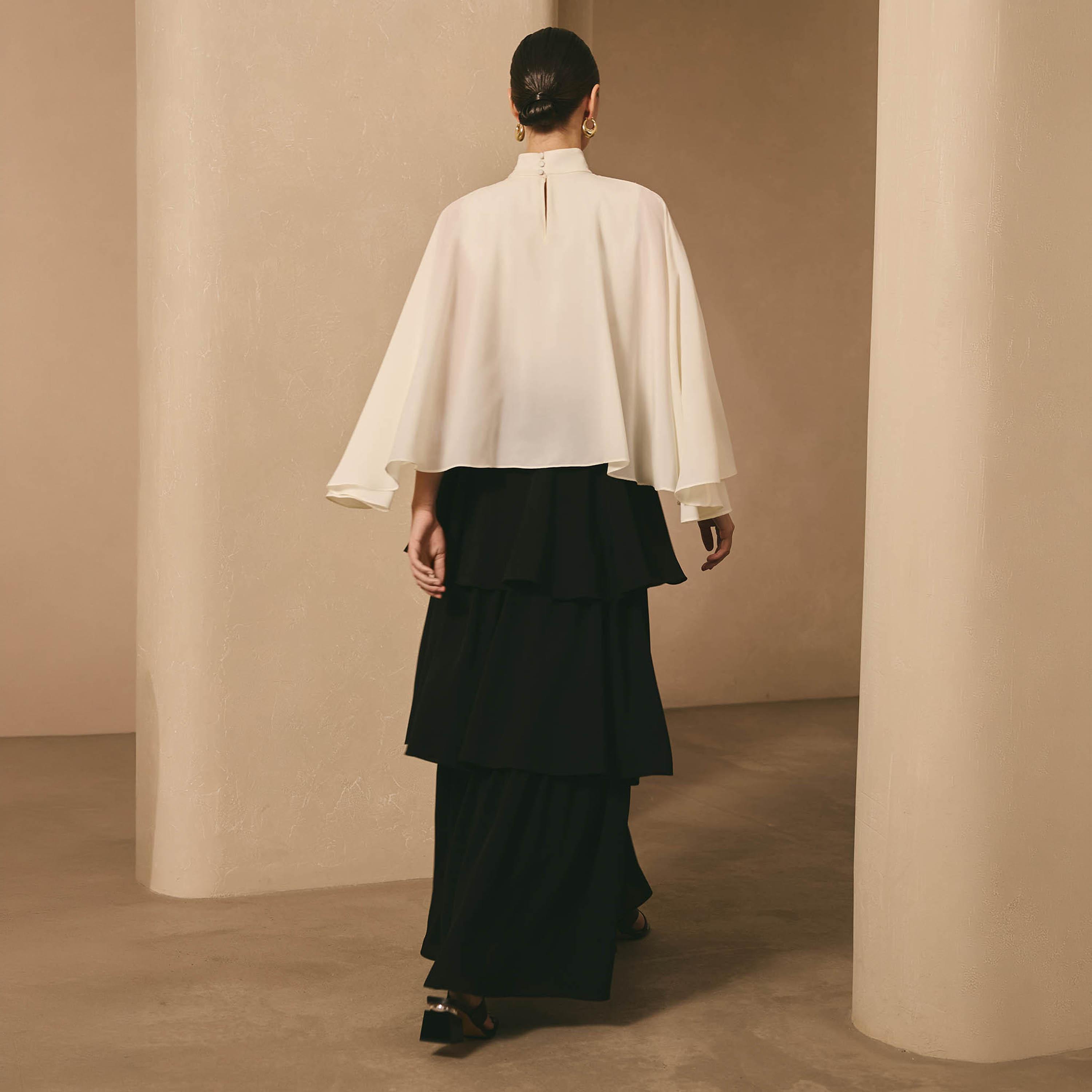 Lichi Black Colour-Blocked High Neck Cape Sleeves Layered Women's Maxi Dress-women-clothing-dresses-image-2