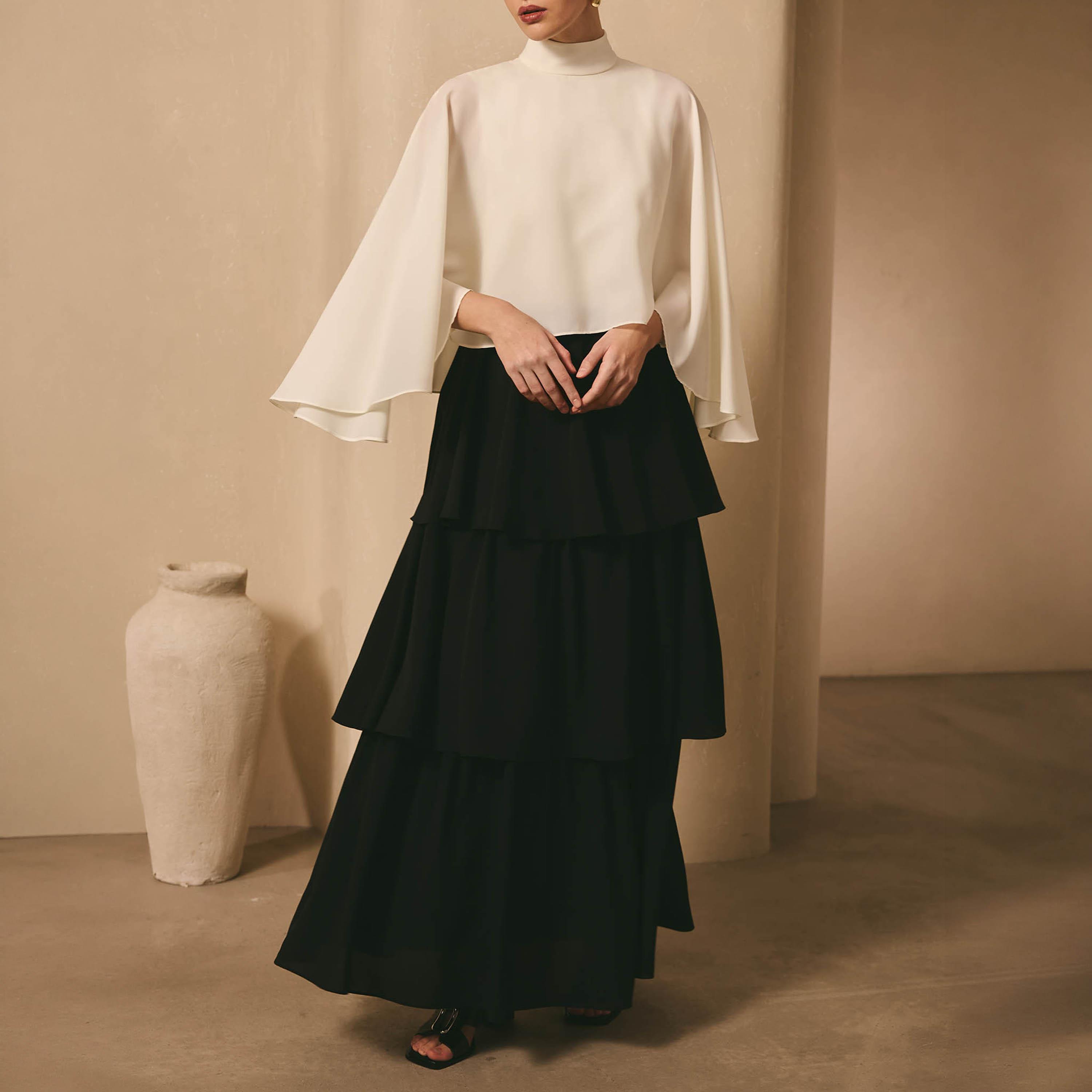 Lichi Black Colour-Blocked High Neck Cape Sleeves Layered Women's Maxi Dress-women-clothing-dresses-image-3