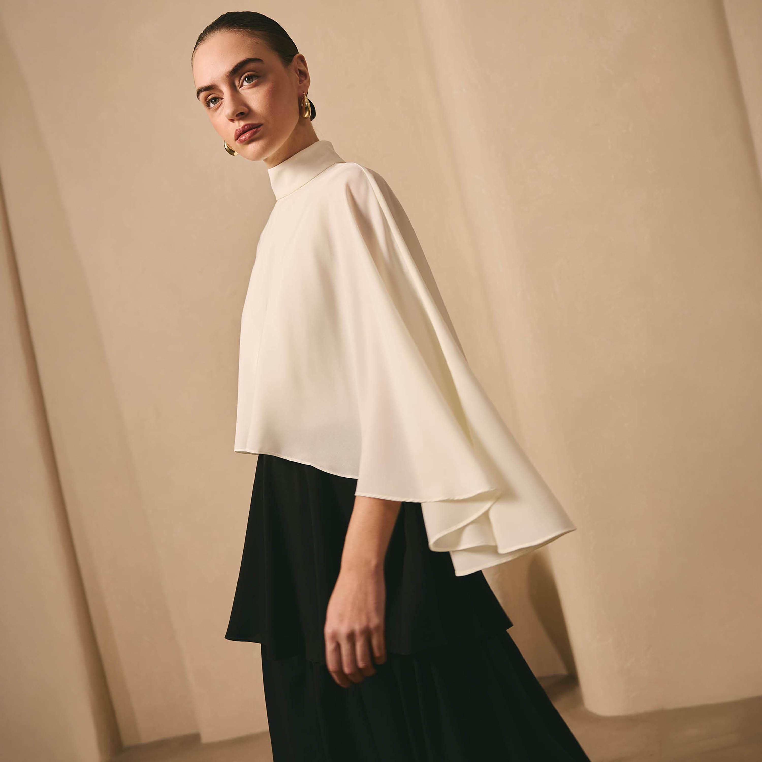 Lichi Black Colour-Blocked High Neck Cape Sleeves Layered Women's Maxi Dress-women-clothing-dresses-image-4